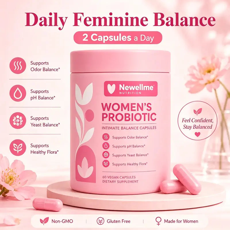 Newellme Women's Balanced Nutritional Probiotic-Prebiotic Capsules - 60 Count (Pack of 1) - Probiotics for Women, Gut Balance, Healthy pH, Odor Control, Healthy Bacteria, Body Health, Capsule Format for Easy Daily Use, Prop 65 Safe Dietary Supplement, Lac