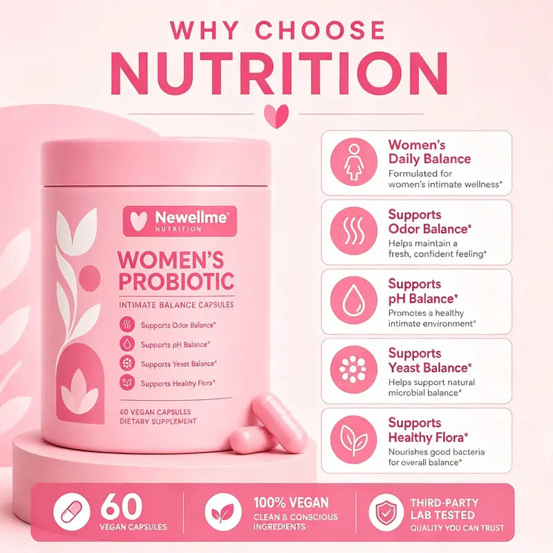 Newellme Women's Balanced Nutritional Probiotic-Prebiotic Capsules - 60 Count (Pack of 1) - Probiotics for Women, Gut Balance, Healthy pH, Odor Control, Healthy Bacteria, Body Health, Capsule Format for Easy Daily Use, Prop 65 Safe Dietary Supplement, Lac