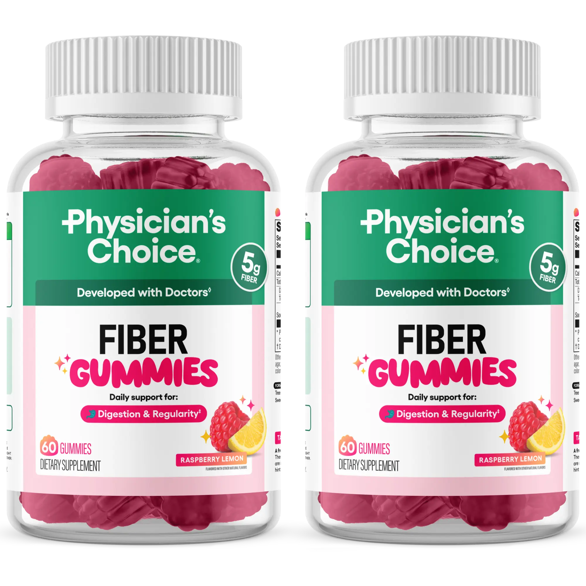 Physician’s Choice Fiber Gummies for Digestive Health & Regularity - Raspberry Lemon Flavor - No Sugar Added & Vegan - Daily Gummy for Adults