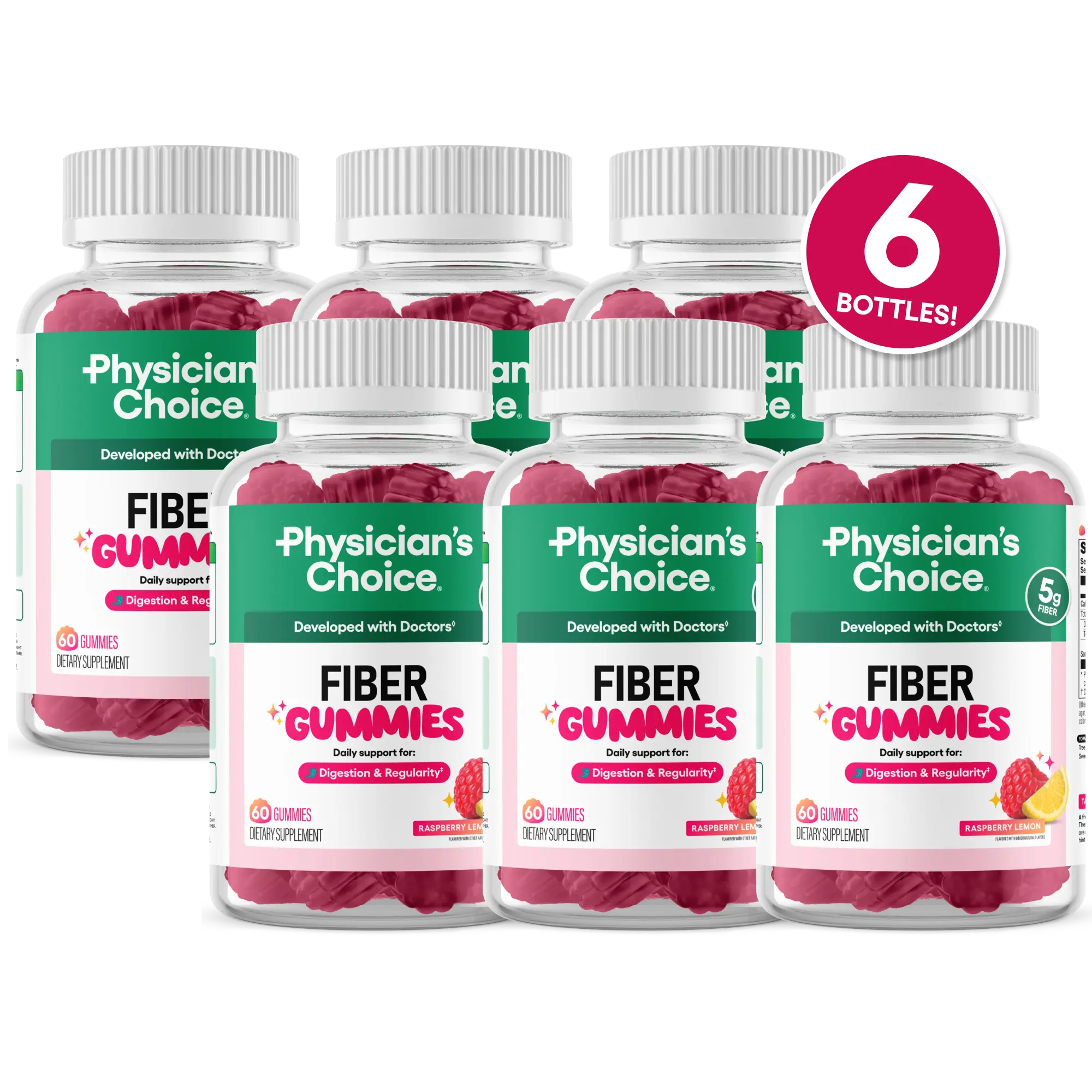 Physician’s Choice Fiber Gummies for Digestive Health & Regularity - Raspberry Lemon Flavor - No Sugar Added & Vegan - Daily Gummy for Adults