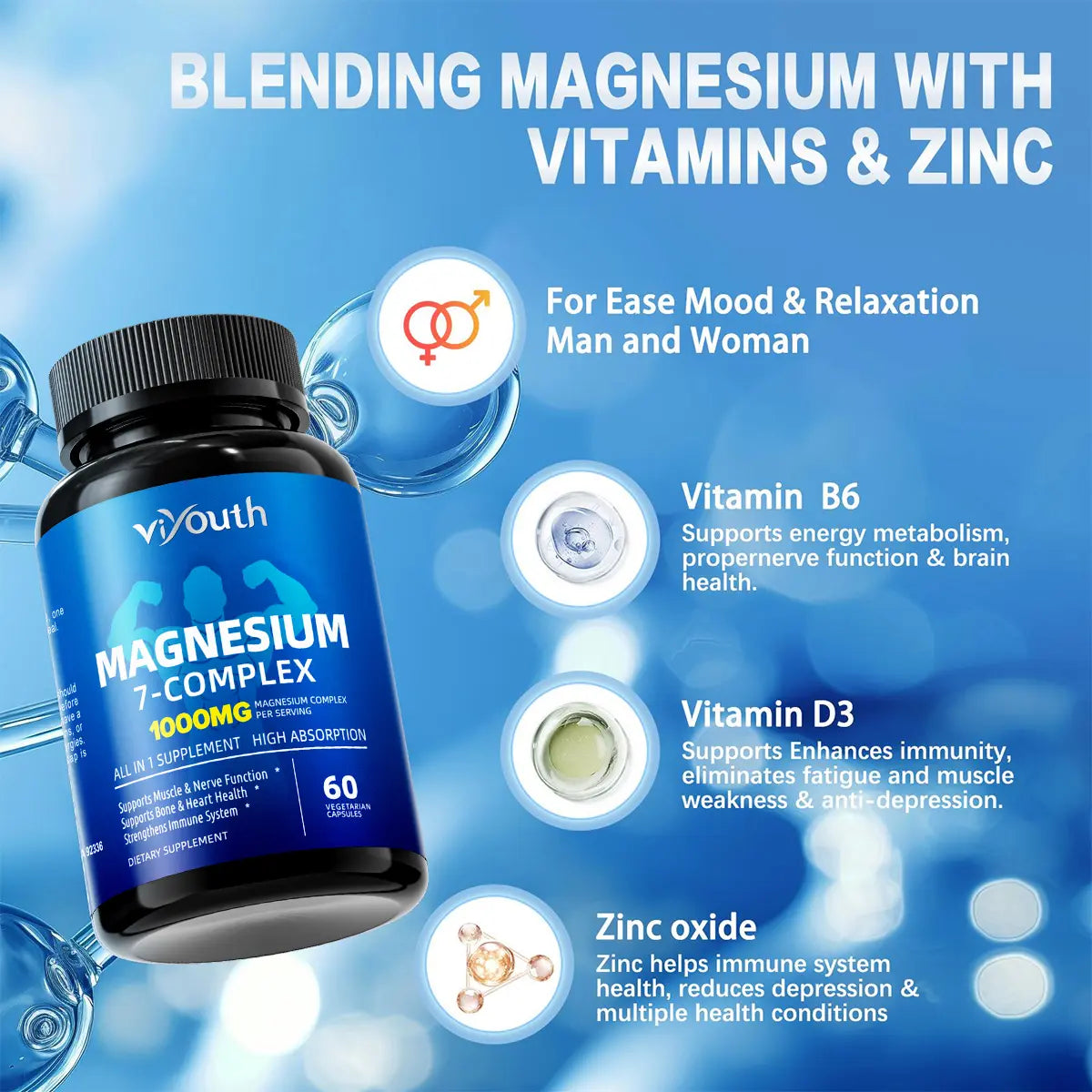 Viyouth 1000mg Magnesium Complex - 10 Elemental Magnesium Complex & Zinc for Calming Sleep & Relax - US Made - Dietary Supplement for Hair Health Digestive Detox & Cortisol Balance-3rd Party Tested Tablets Fitness, magnesium glycinate Vitamin Healthcare