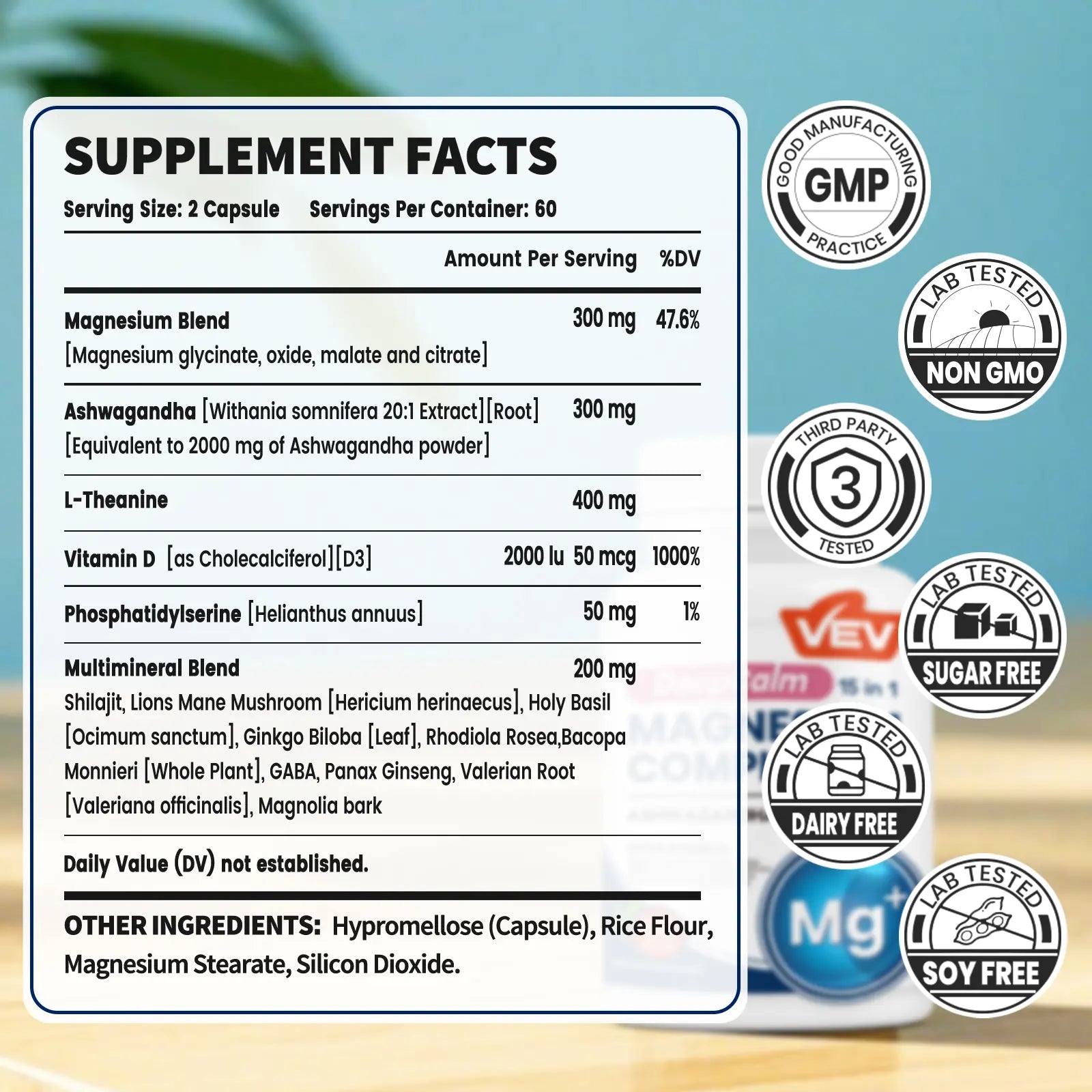 VEV 15 in 1 Magnesium Citrate & Glycinate Complex Capsules, Cortisol Support with Ashwagandha & L-Theanine, Edible Minerals Natural Dietary, 120 Vegan Capsules