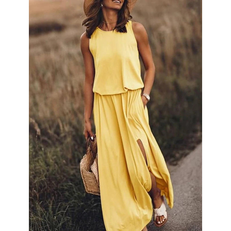 2026 Summer New European And American Women's Clothing Round Neck Sleeveless Split Hem Multi-Color Solid Color Long Dress