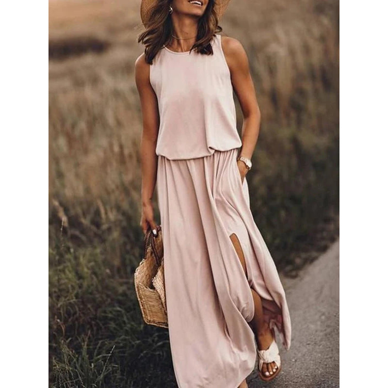 2026 Summer New European And American Women's Clothing Round Neck Sleeveless Split Hem Multi-Color Solid Color Long Dress