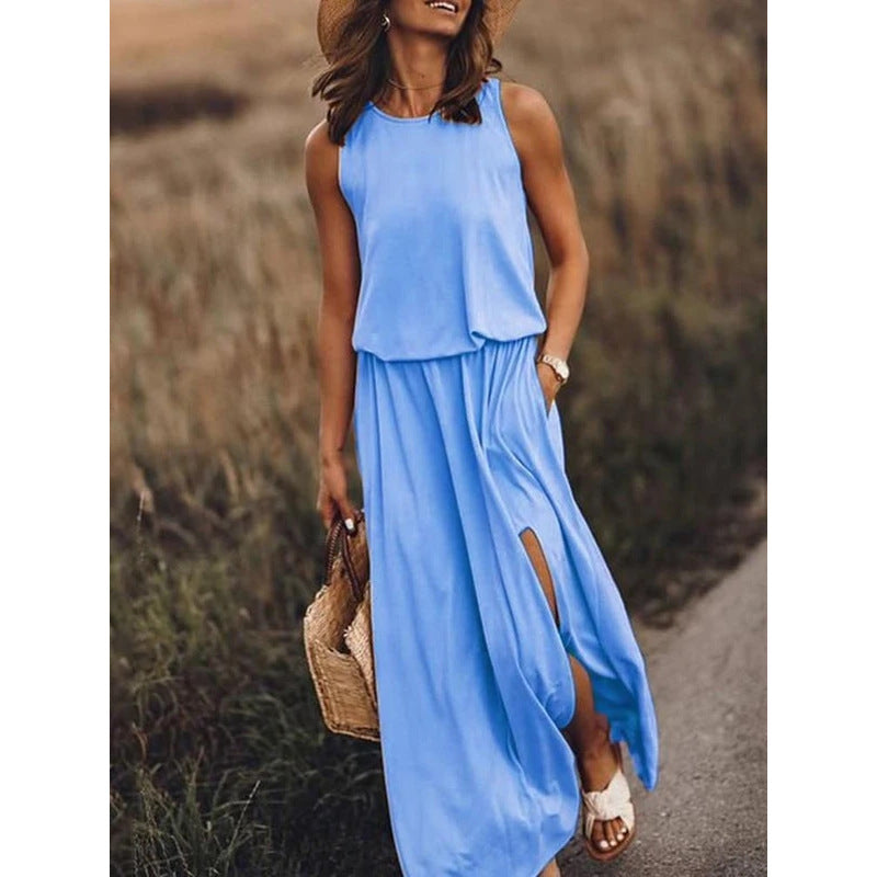 2026 Summer New European And American Women's Clothing Round Neck Sleeveless Split Hem Multi-Color Solid Color Long Dress
