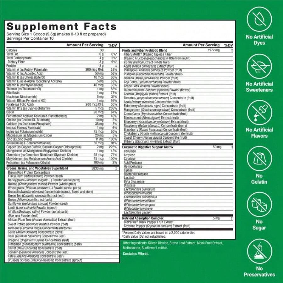 Daily Greens Superfood Powder With 40+ Plant Ingredients & 125 Million CFUs Probiotics – Unflavored Wellness Blend