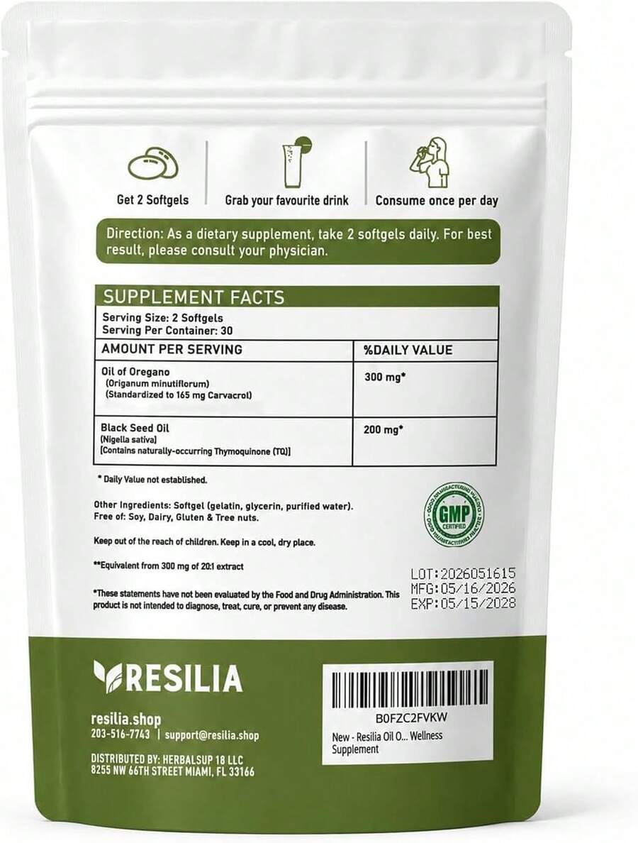 Selling Fast ! Resilia Oil Of Oregano Softgels With Black Seed Oil - 60 Softgels |   Non-GMO, Gluten-Free And Soy-Free