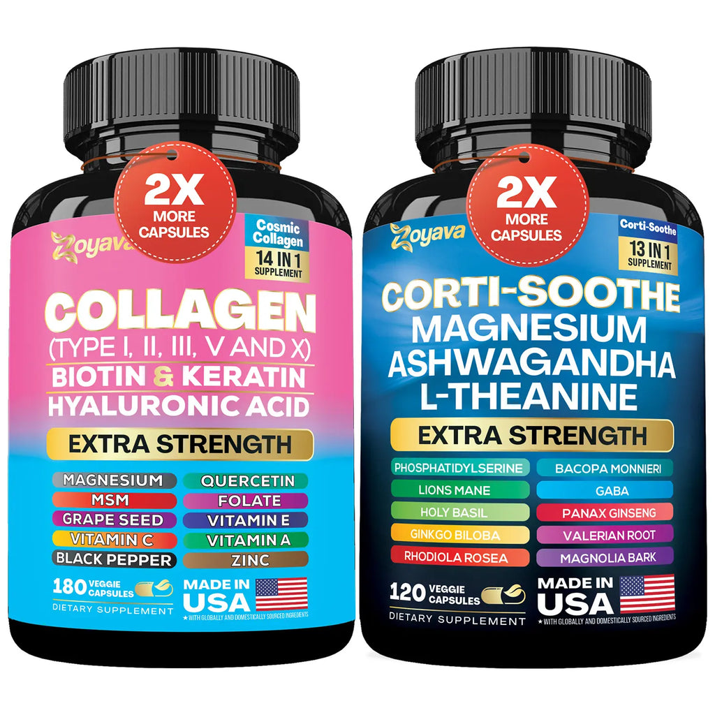 Shining Serenity Set - Zoyava Collagen & Cortisol All-in-One Dietary Supplement - Multivitamin Combo for Fitness & Healthcare with Extra Strength Ingredients - Made in USA
