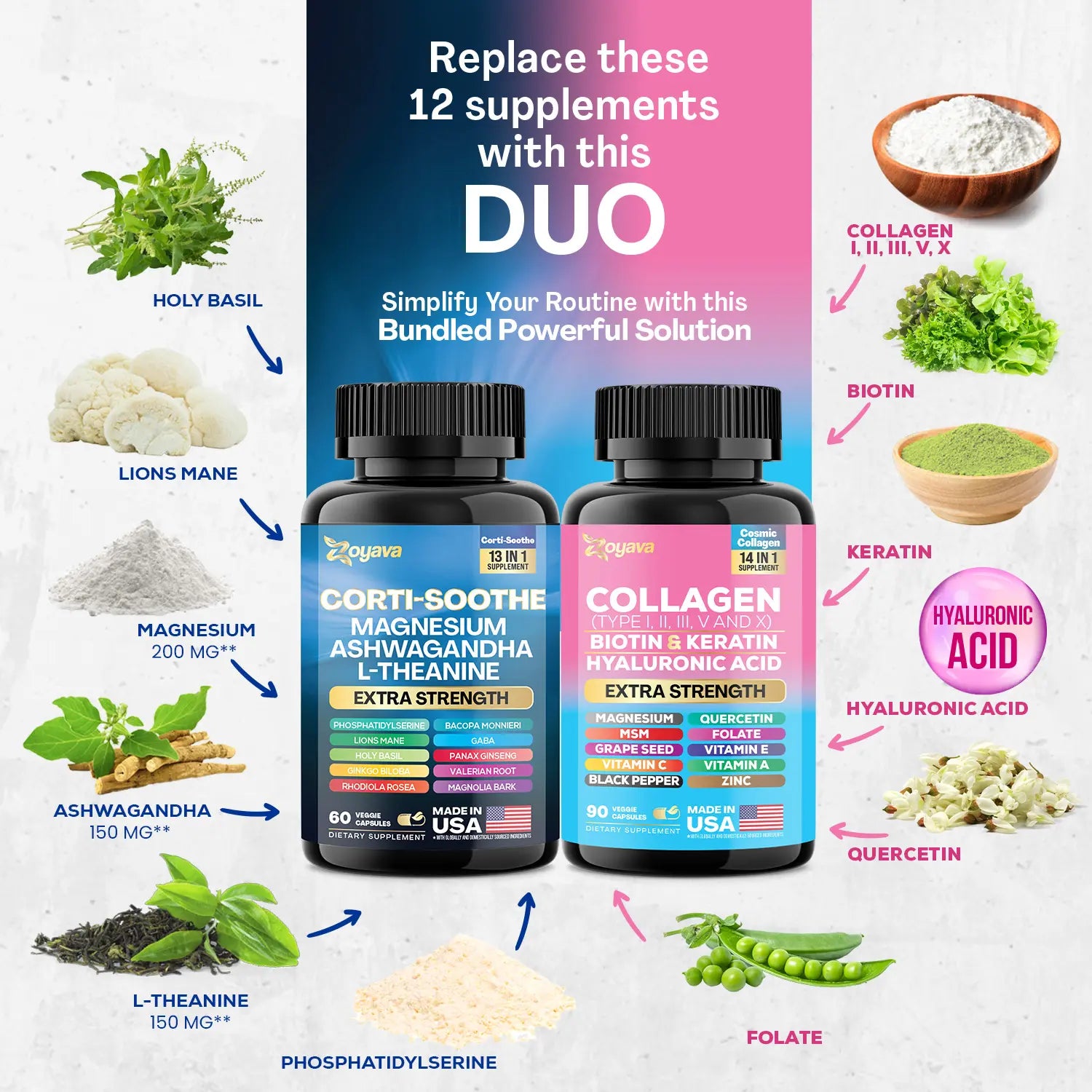 Shining Serenity Set - Zoyava Collagen & Cortisol All-in-One Dietary Supplement - Multivitamin Combo for Fitness & Healthcare with Extra Strength Ingredients - Made in USA