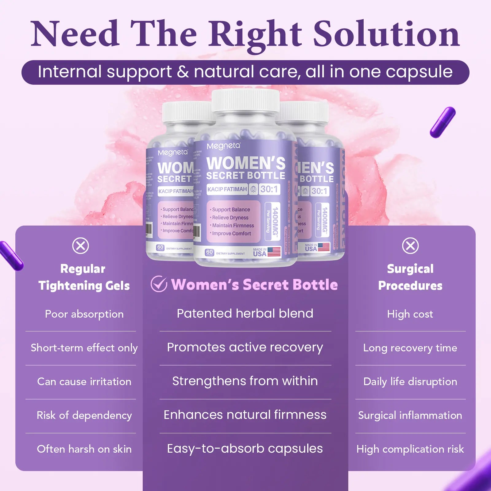 Women'S Secret Bottle- 60 Tablets - Healthcare | Kacip Fatimah 1000MG |Plus with manjakan & Slippery Elm & Fenugreek（Old & New Packaging--Mixed Shipment）