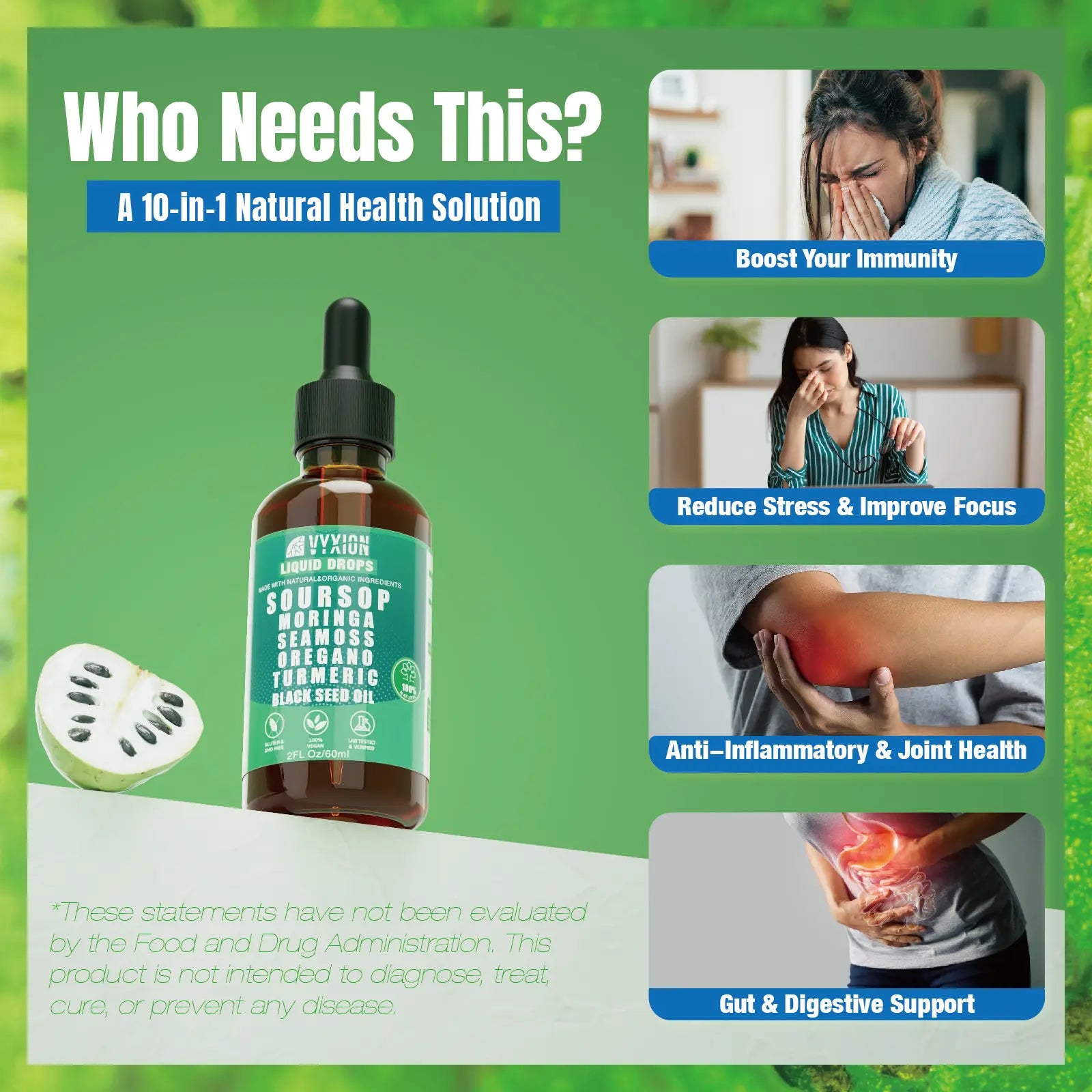VYXION Pure Soursop 10 in 1 Liquid Drops Extract - Seamoss,Moringa,Black Seed Oil,Turmeric,Oregano Liquid Drops for Immune System and Gut Health Support