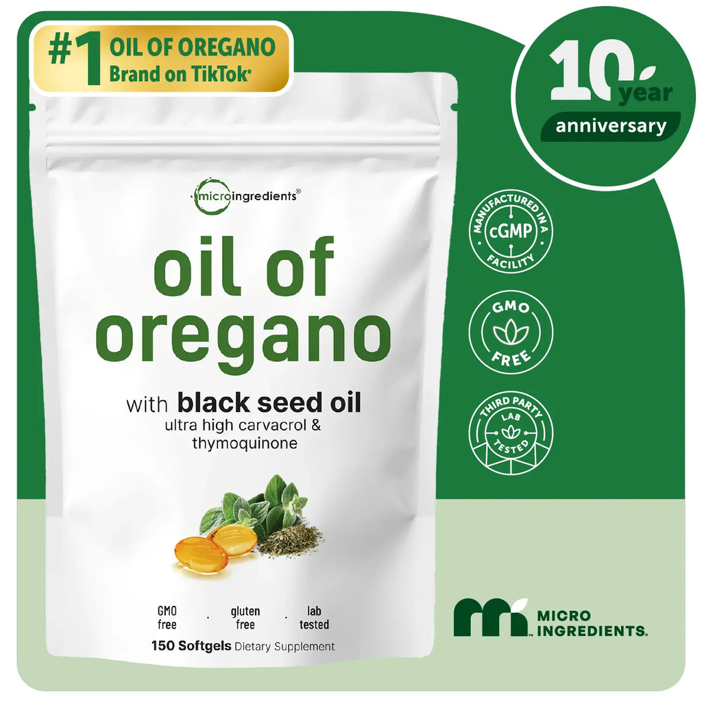 Micro Ingredients Oregano Oil with Black Seed Oil, 150/300 Softgel, 4X Strength Carvacrol & Thymoquinone | Plant Based, Non-GMO