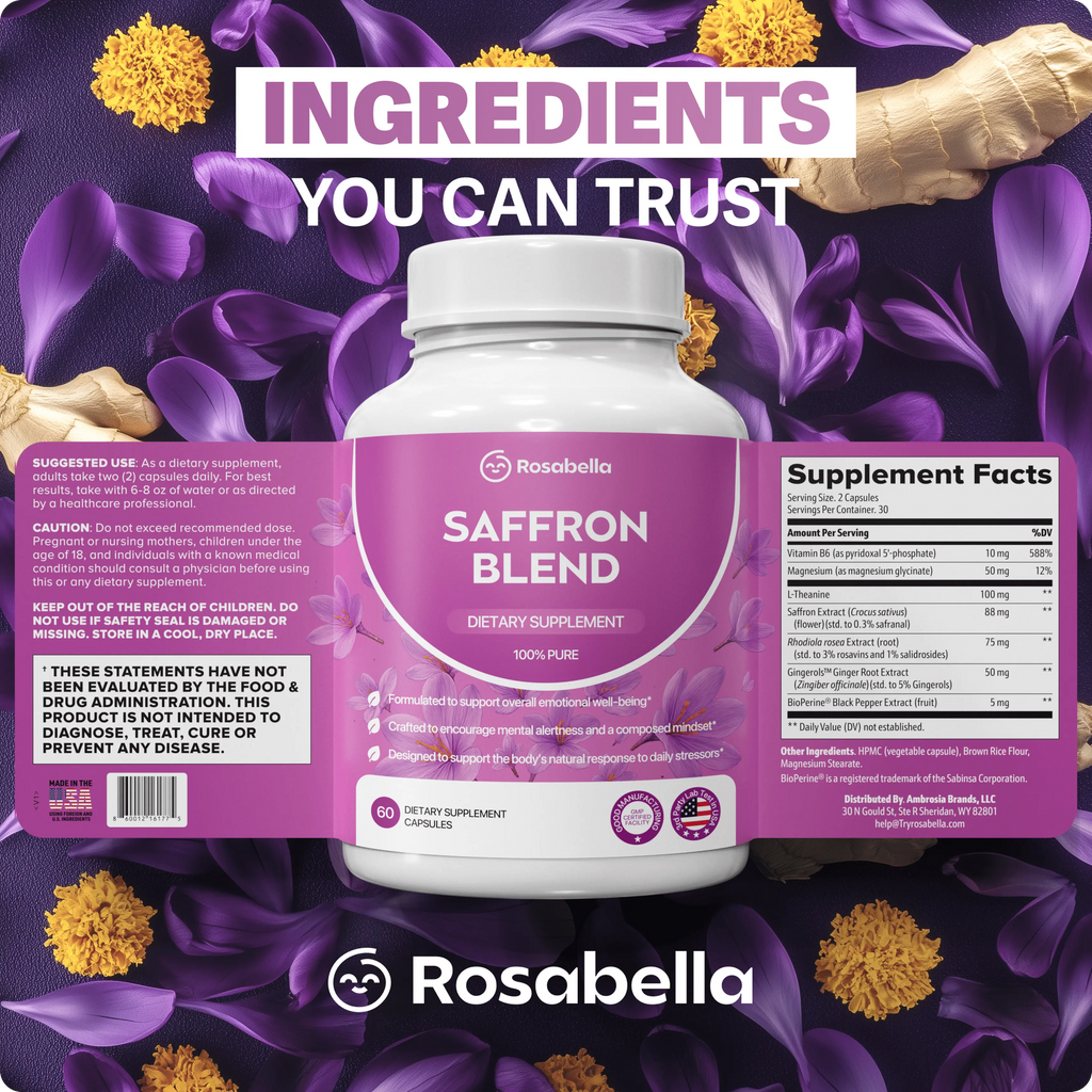 Rosabella Saffron Supplement [88mg] for Mental Clarity, Digestion, Positive Mood & Blue Light Eye Health - Vegan