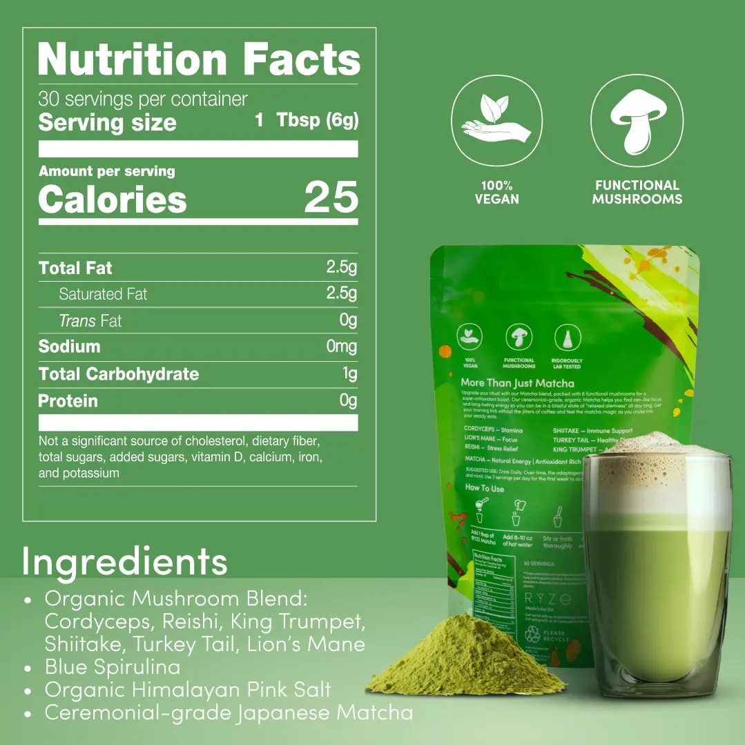 RYZE Mushroom Matcha, USDA Organic with 6 Adaptogenic Mushrooms and Ceremonial-Grade Japanese Matcha for Energy, Focus, Digestion, Immunity with Turkey Tail, Shiitake, Lion's Mane, Reishi, 30 servings