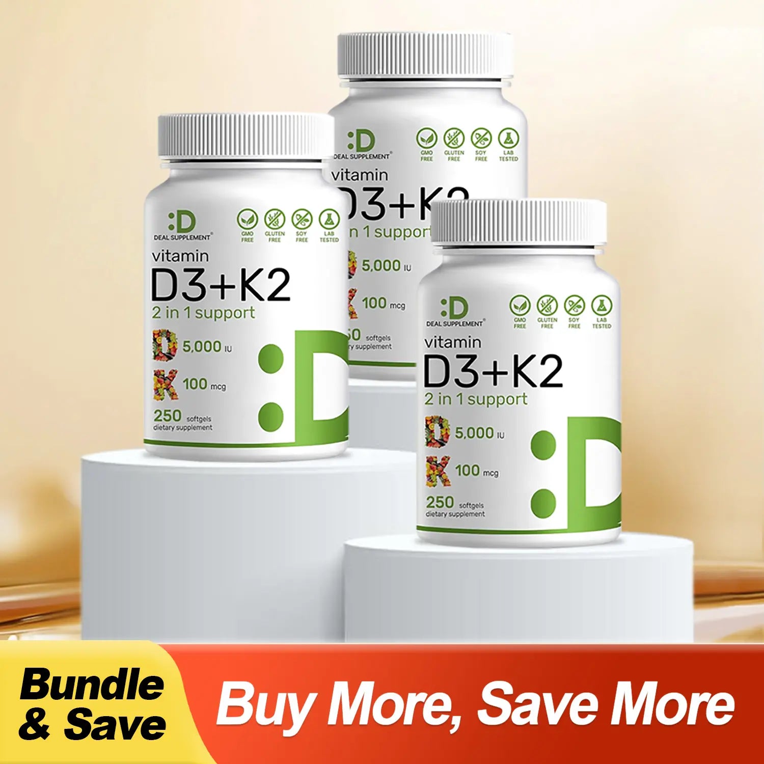 Deal Supplement Vitamin D3 & K2 250 Veggie Softgels 5000 IU D3 100mcg K2 MK7 Supports Healthy Bones Teeth Heart & Immune System Calcium Supplement