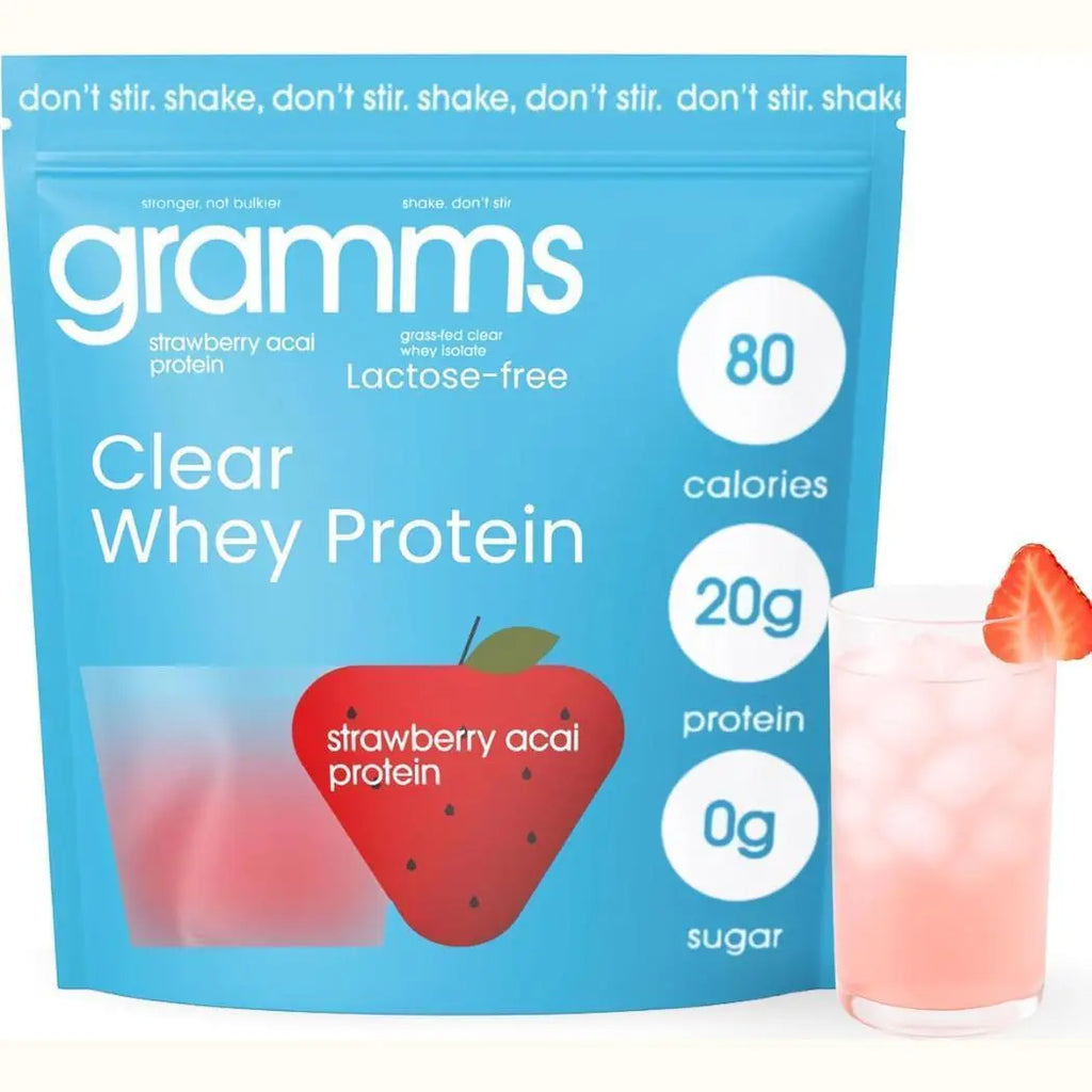 Gramma Strawberry Acai Protein: GRAMMS Clear Protein Powder, Strawberry Acai -455g |   20g Protein Grass-Fed Whey Isolate, Zero Sugar, Zero Lactose, Non-Bloating, Non-GMO, Protein for Women
