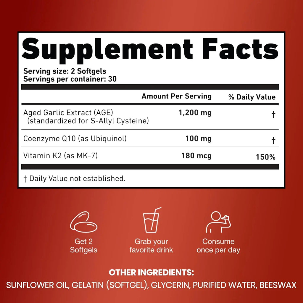 Odorless Aged Garlic Extract 600mg Softgels with CoQ10 (Ubiquinol) & Vitamin K2 (MK-7), 20-Month Aged Garlic Formula for Heart & Circulation Support, 60 Softgels