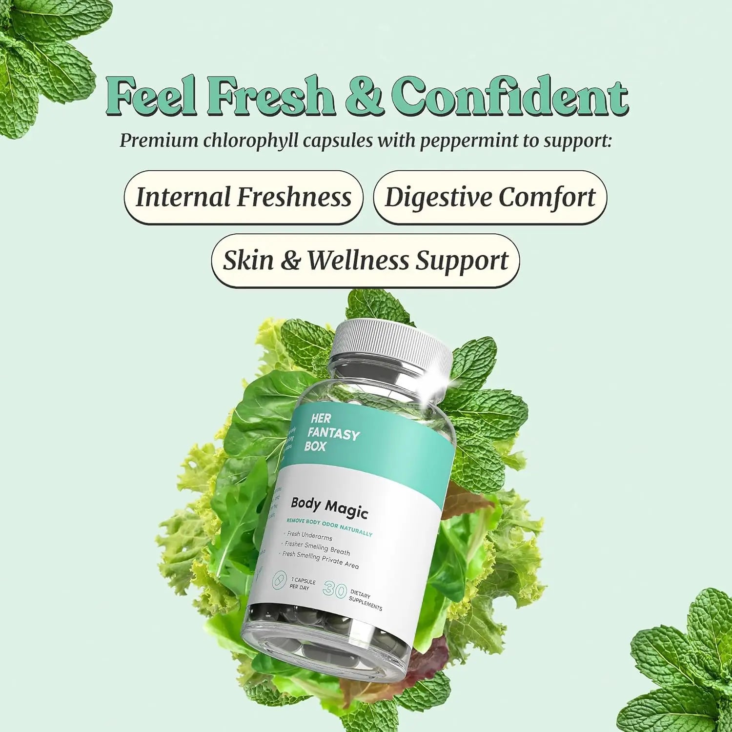 Body Magic Chlorophyll Capsules for Detox, Digestion, Gut Health, and Skin Support, Natural Energy Booster for Oily Skin, 30 Vegan Capsules