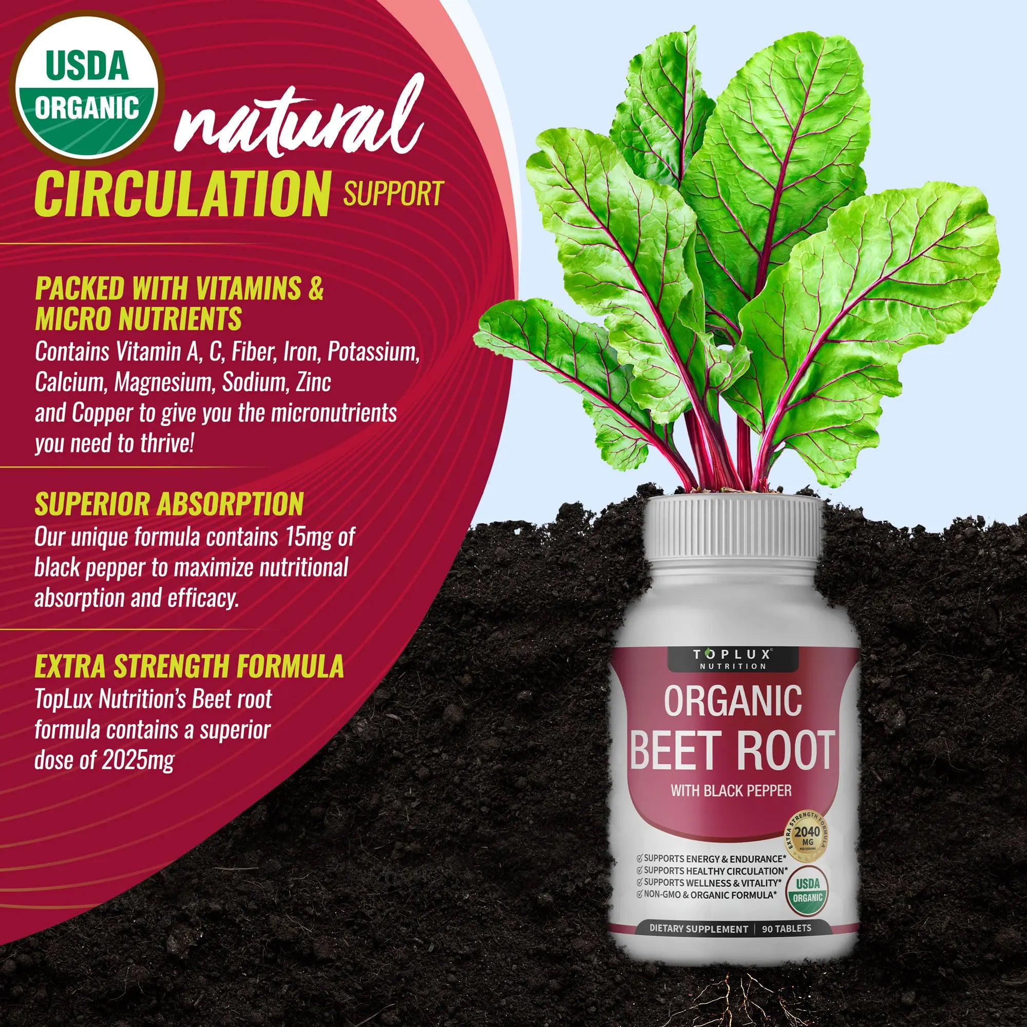 Toplux Organic Beet Root Tablets -  Nitric Oxide Booster Beetroot Supplement 2040mg