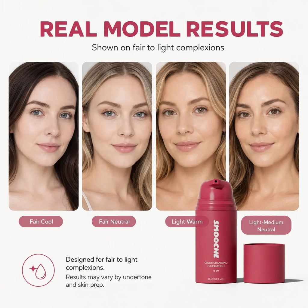 SMOOCHE Color Changing Liquid Foundation for Fair to Light Skin Tones, SPF 15 | Lightweight Hydrating Face Makeup