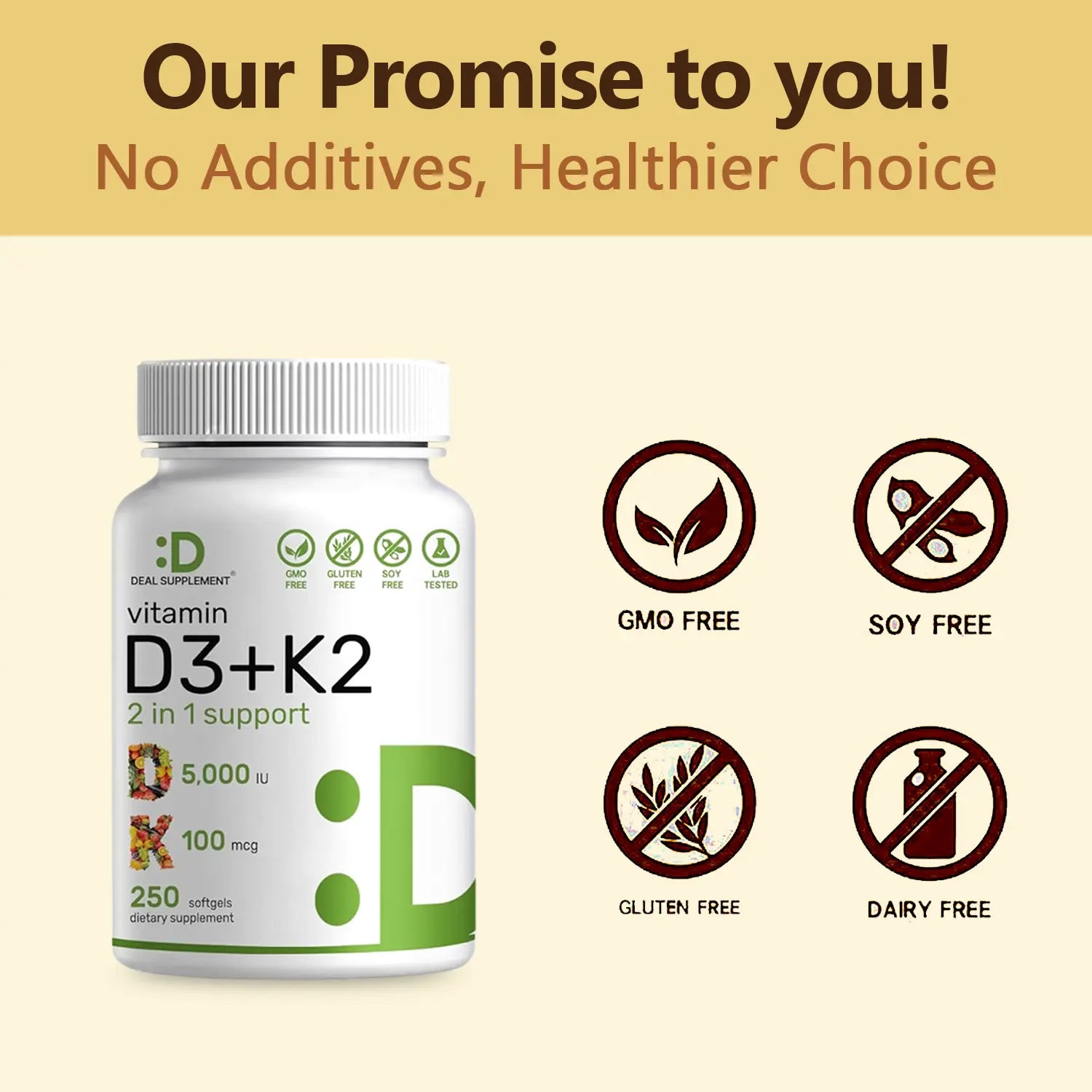 Deal Supplement Vitamin D3 & K2 250 Veggie Softgels 5000 IU D3 100mcg K2 MK7 Supports Healthy Bones Teeth Heart & Immune System Calcium Supplement