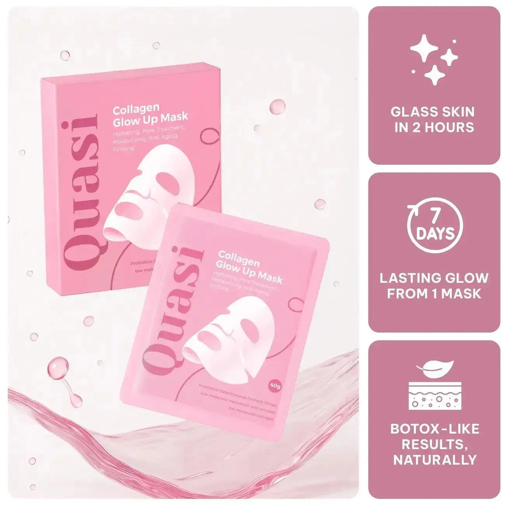 Quasi Collagen Glow Up Mask 2.0, Quasi BioCollagen Face Mask, Firm Skin Deep HydratingMasks for Wrinkle Reduction and PoreMinimization - Glow like Glass Skin (2 Box × 8Pcs)