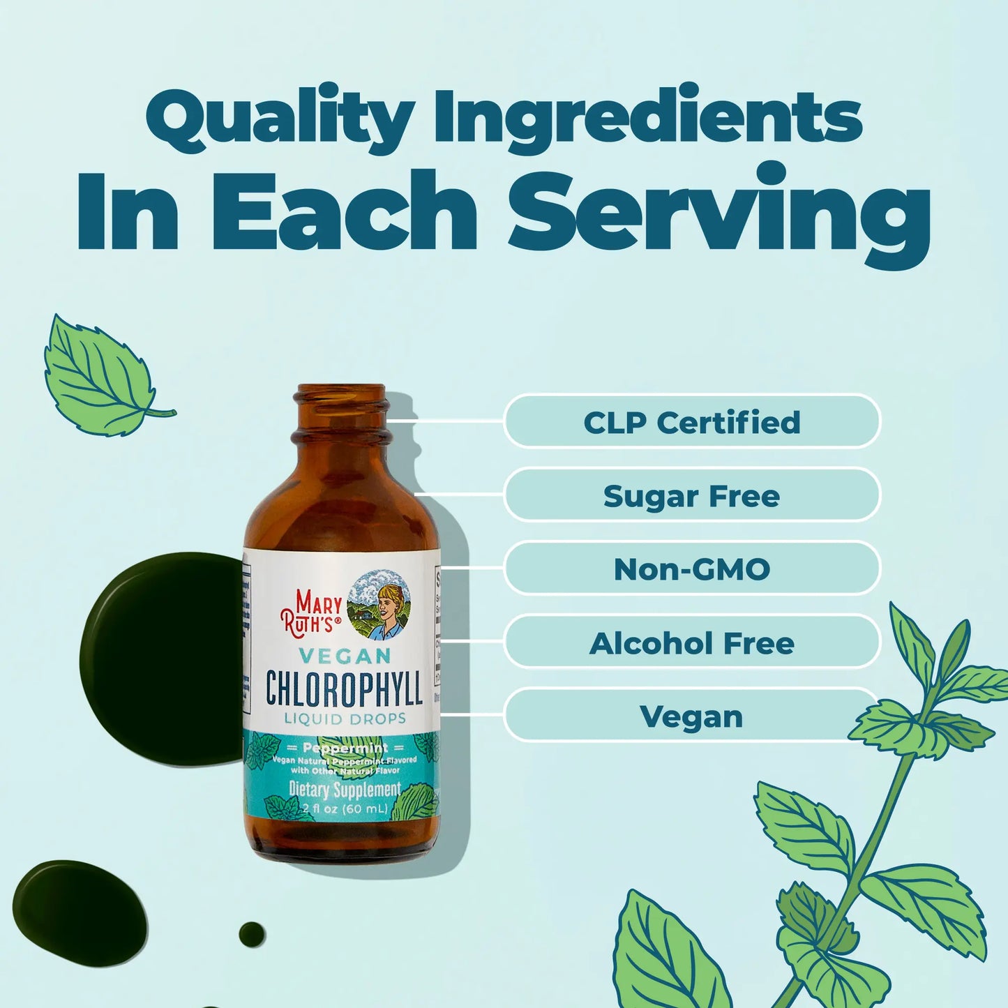 MaryRuth's Vegan Chlorophyll Liquid Drops - Non-Diluted Liquid Chlorophyll - Mulberry Derived Supplement - Non-GMO - Delicious Minty Flavor - 2 Fl Oz