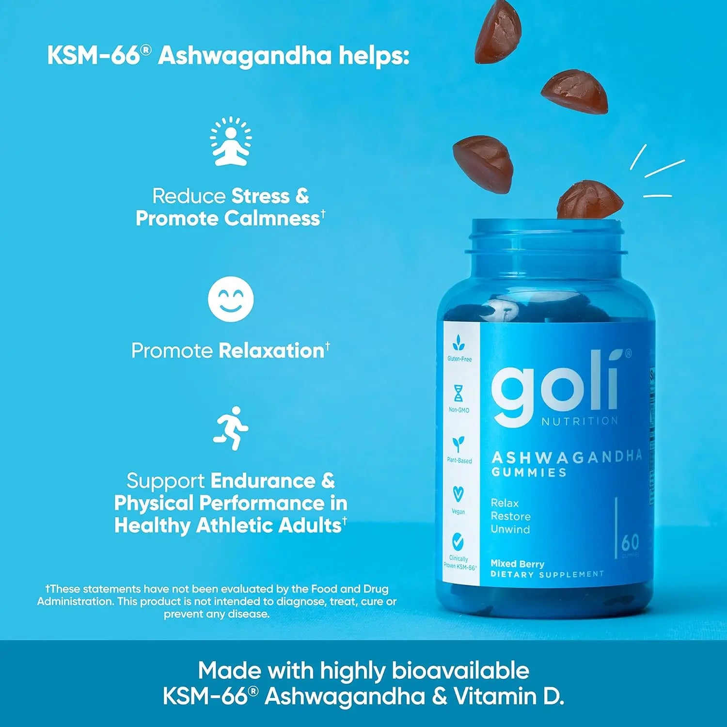 3 Bottles of Goli Ashwagandha & Vitamin D Gummy - Mixed Berry, KSM-66, Vegan, Plant Based, Non-GMO, Gluten & Gelatin Free