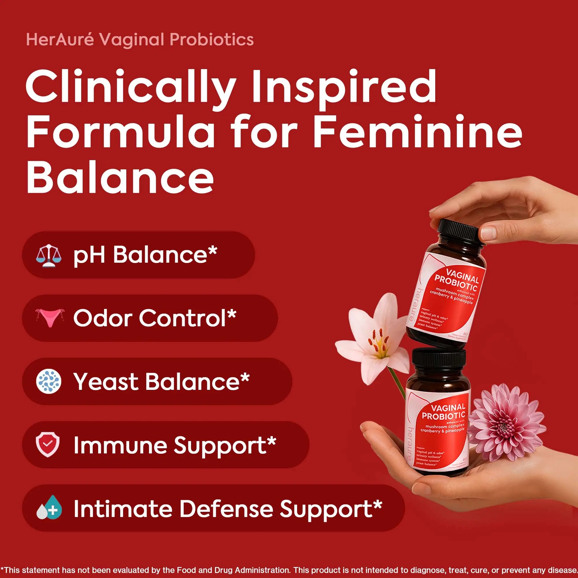 HerAuré Women’s Probiotics - pH Balance, Odor Control, Flora Health, Moistening, Tightening - With 7 Billion CFU Probiotic, Prebiotic, 7-in-1 Mushroom Blend, Cranberry, Pineapple - 60 Capsules (Pack of 1), Self-Care Gift,Summervibes
