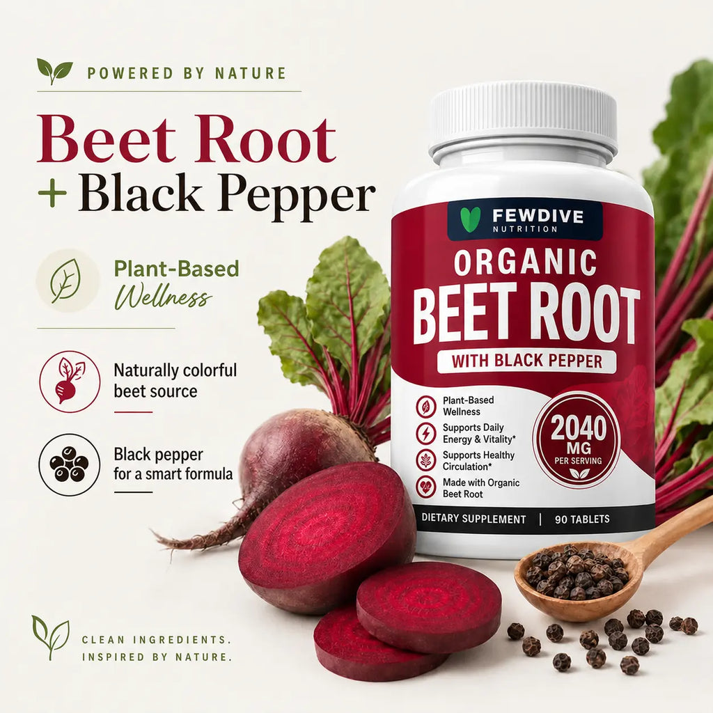 FEWDIVE Beet Root Capsules with Black Pepper, Organic Beet Root Formula, Plant-Based Daily Nutrition Support, 90 Count