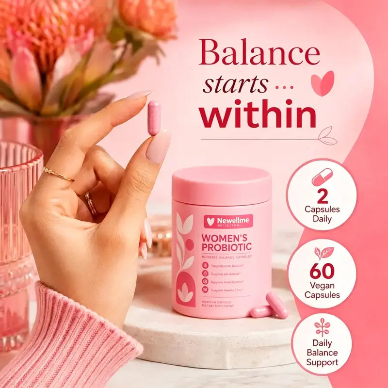 Newellme Women's Balanced Nutritional Probiotic-Prebiotic Capsules - 60 Count (Pack of 1) - Probiotics for Women, Gut Balance, Healthy pH, Odor Control, Healthy Bacteria, Body Health, Capsule Format for Easy Daily Use, Prop 65 Safe Dietary Supplement, Lac