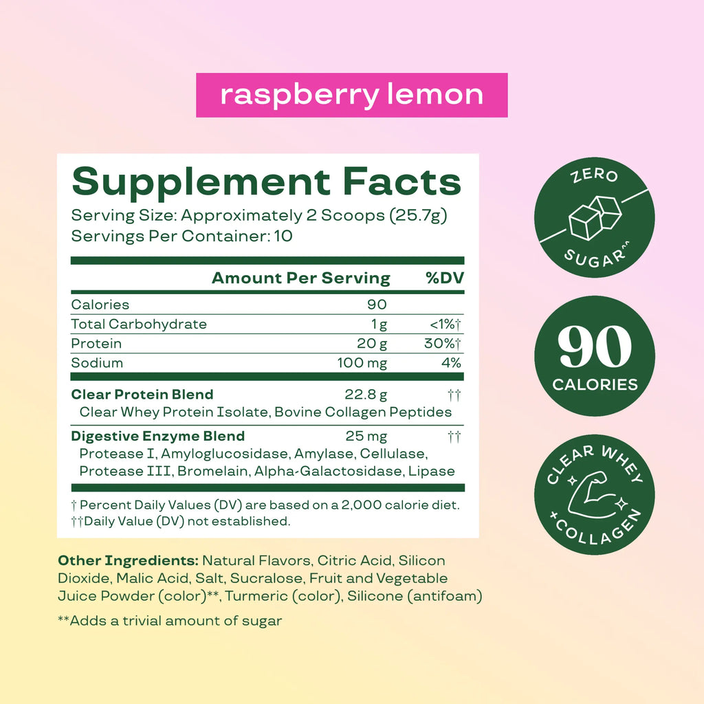 Bloom Nutrition Clear Protein - Clear Whey + Collagen Protein Blend | 20g Protein, 90 Calories, 0g Sugar, Light & Refreshing Fruity Drink | Protein for Women *contains dairy