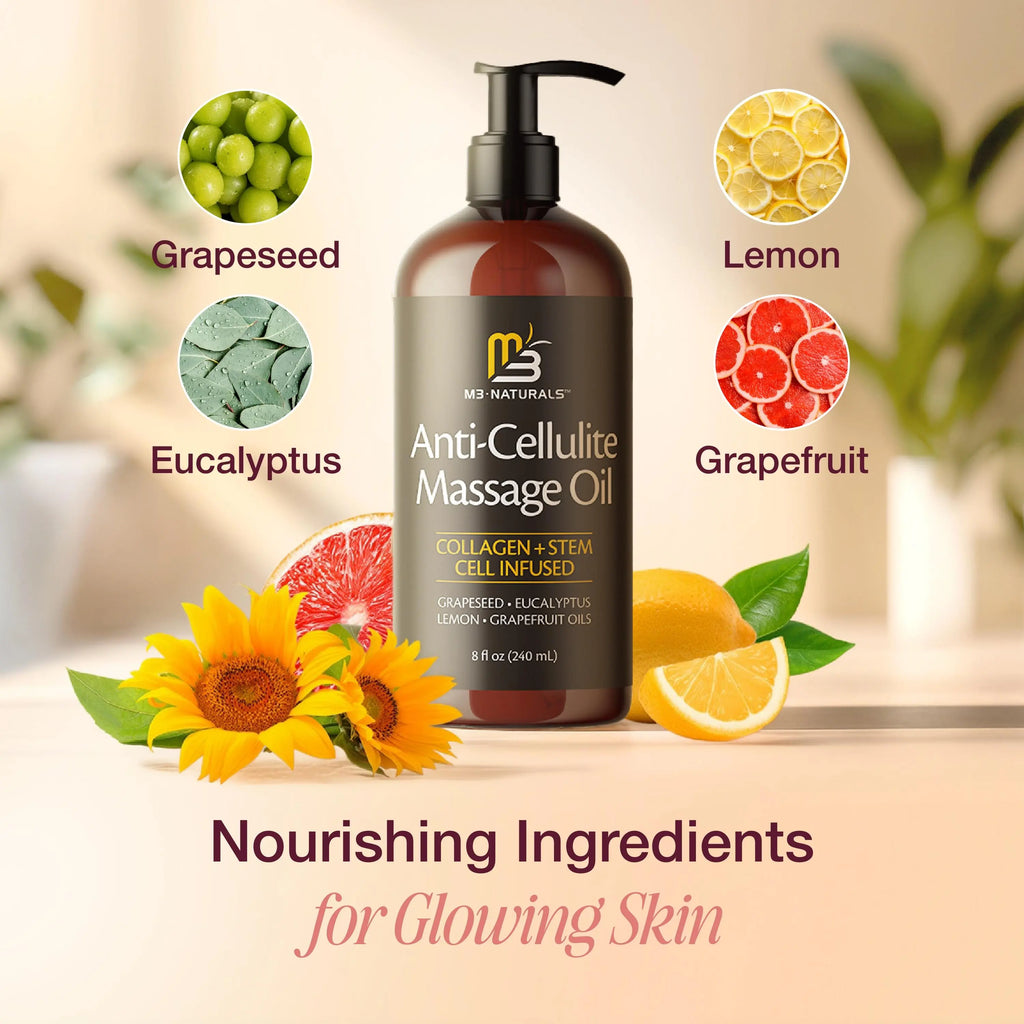 M3 Naturals Cellulite Massage Oil 8oz - Smooth the Appearance of Cellulite - Body Care & Skin Care Massage Oil - Topical Collagen and Plant Stem Cell Body Oil to Restore Texture and Elasticity - Soothing Body Oil Moisture Hydrating