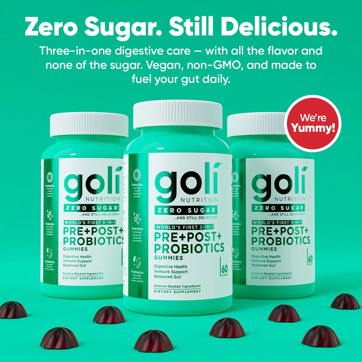 Goli Zero Sugar World's First 3-in-1 Pre, Post, Probiotic Gummies - Gluten Free, Vegan, Non-GMO, & Gelatin-Free.