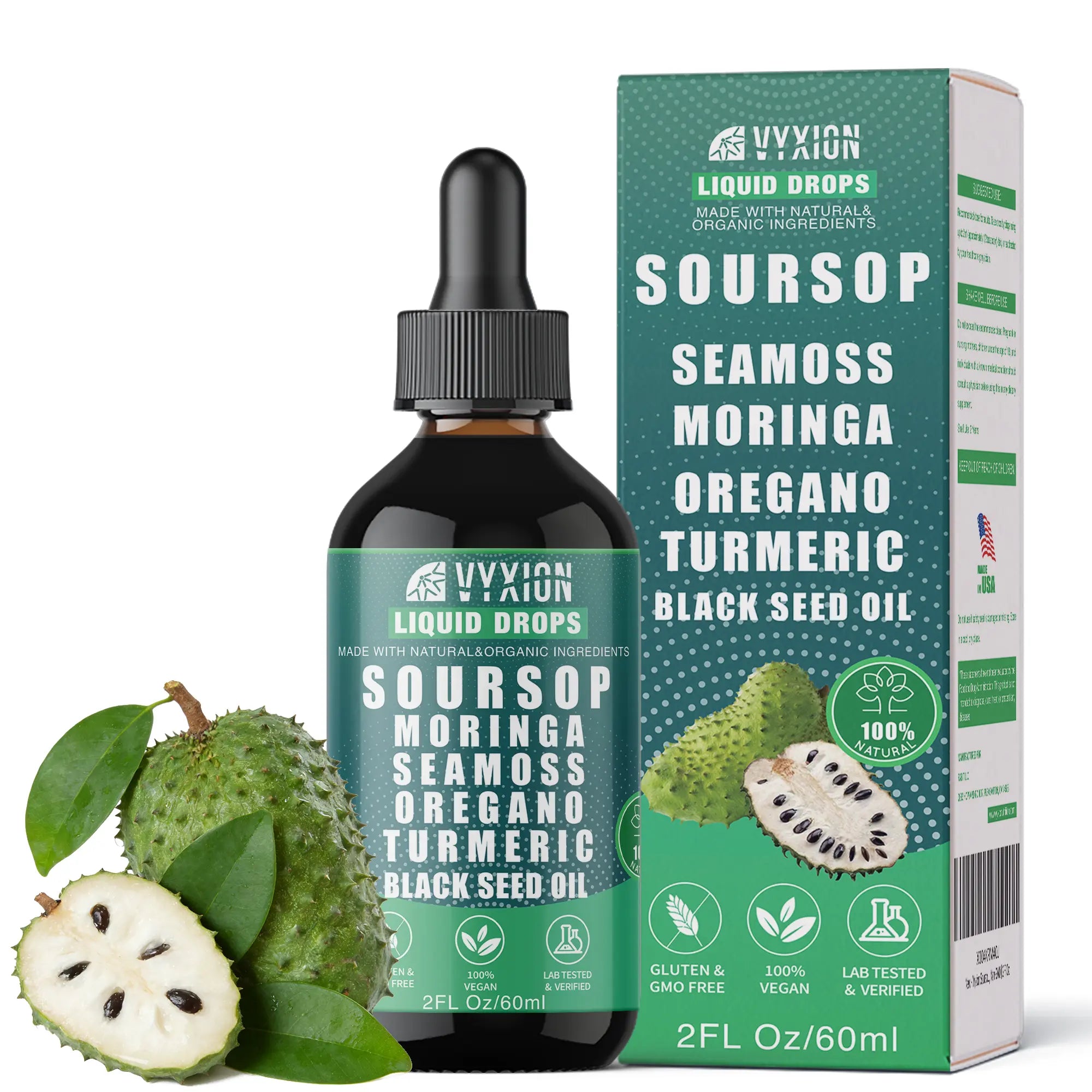 VYXION Pure Soursop 10 in 1 Liquid Drops Extract - Seamoss,Moringa,Black Seed Oil,Turmeric,Oregano Liquid Drops for Immune System and Gut Health Support