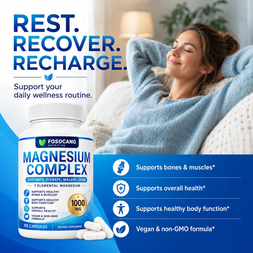 FoSoCang 1000mg 7-Elemental Dietary Magnesium Complex - Non-GMO Multi-Mineral Supplement with Calcium & Vitamin, 90 Capsules for Bone Health, Calming Support & Fitness