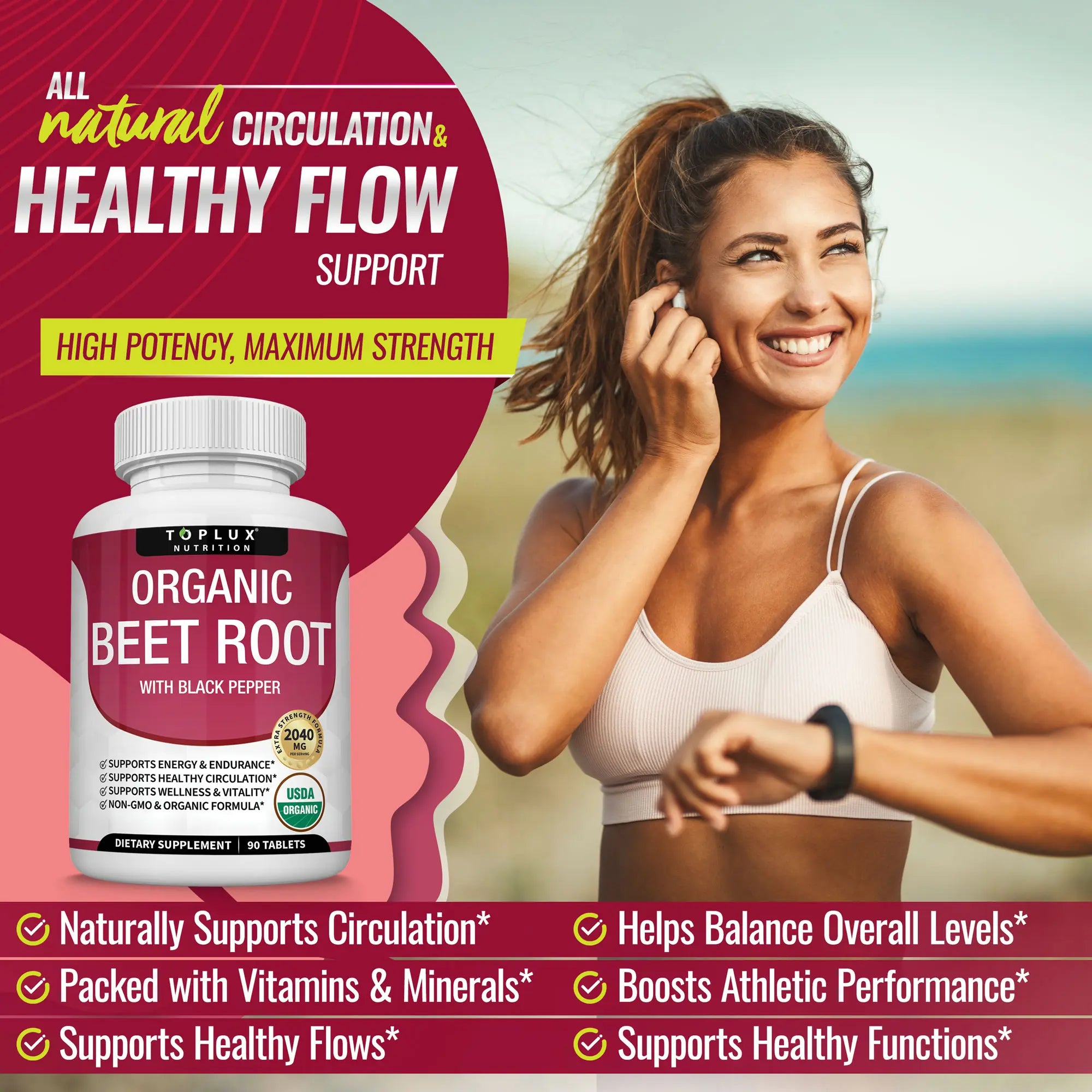 Toplux Organic Beet Root Tablets -  Nitric Oxide Booster Beetroot Supplement 2040mg