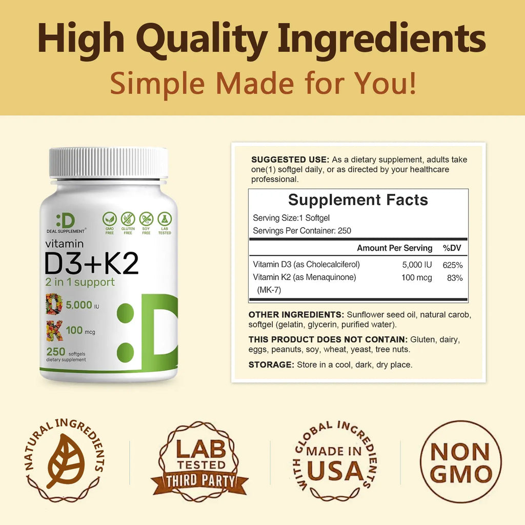 Deal Supplement Vitamin D3 & K2 250 Veggie Softgels 5000 IU D3 100mcg K2 MK7 Supports Healthy Bones Teeth Heart & Immune System Calcium Supplement