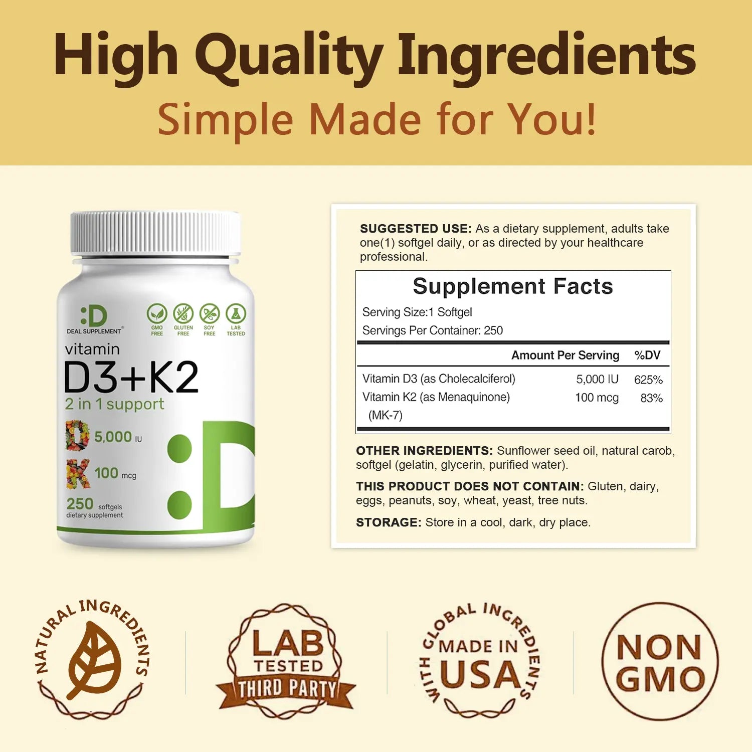 Deal Supplement Vitamin D3 & K2 250 Veggie Softgels 5000 IU D3 100mcg K2 MK7 Supports Healthy Bones Teeth Heart & Immune System Calcium Supplement