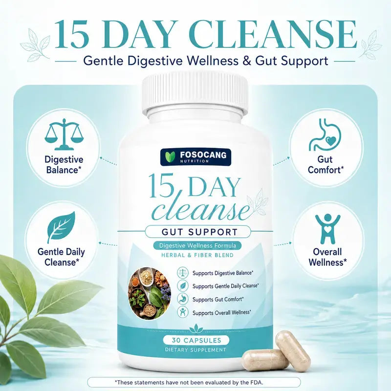 FoSoCang-15 Day Cleanse - Gut and Colon Support| Caffeine Free| Advanced Formula with Senna, Cascara Sagrada, & Psyllium Husk| Non-GMO| 30 capsules /Healthcare,Dietary,Supplement,Fitness,Vitamin,Edible