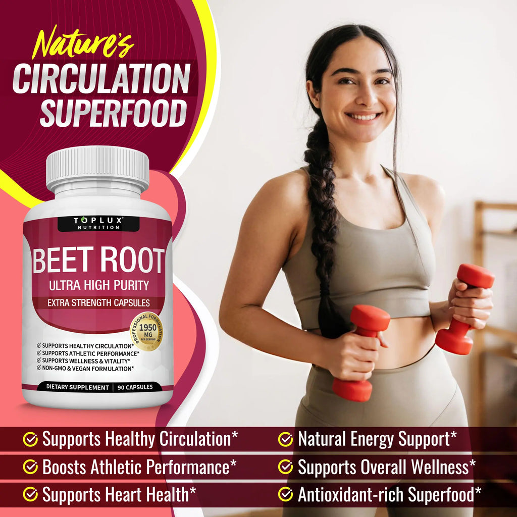 Organic beet root capsules - beetroot for blood flow and circulation, energy and overall health