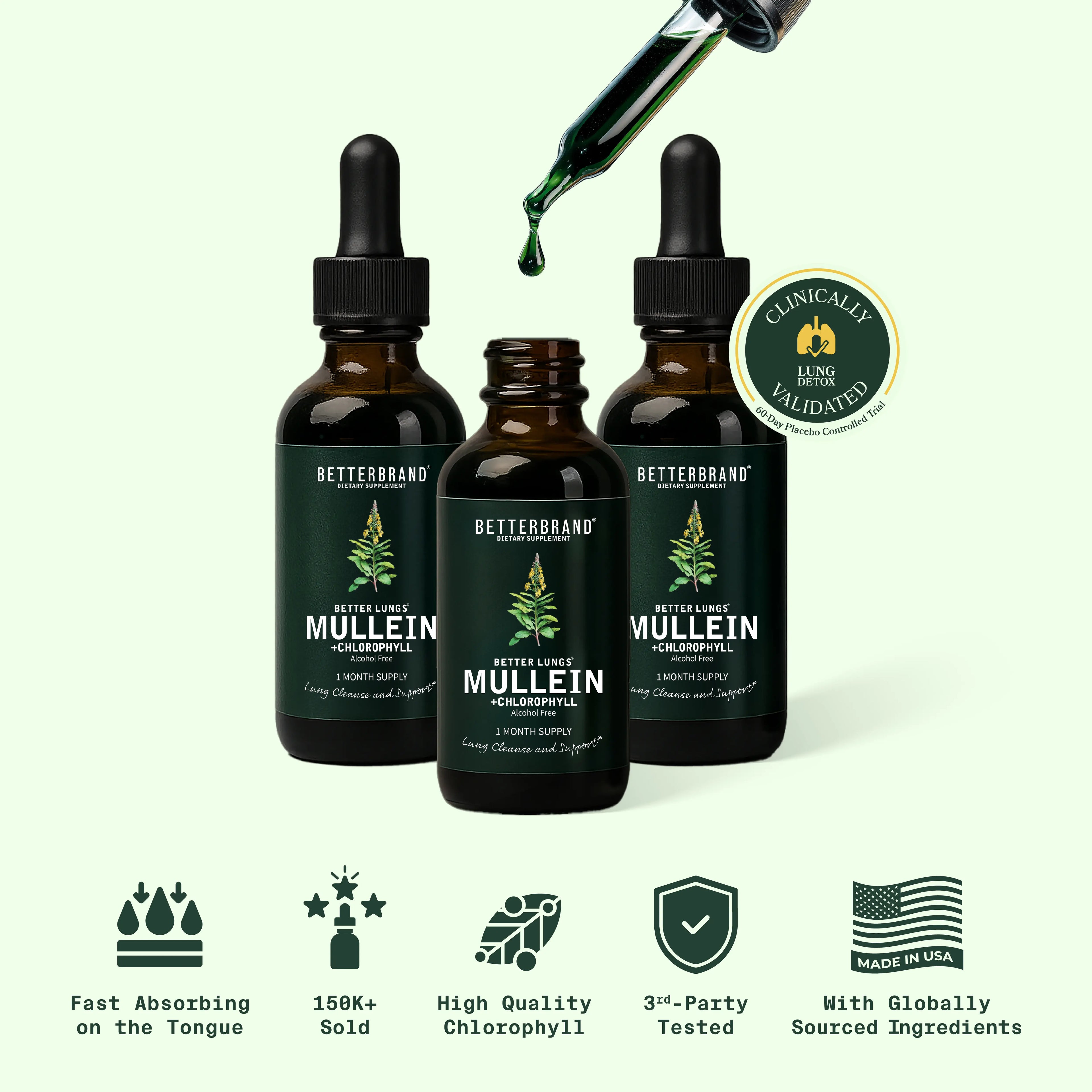 Betterbrand Mullein Leaf & Chlorophyll Drops for Lung Detox & Mucus Cleanse - 30 Servings - Clinically Studied Natural Liquid Herbal Supplement for Respiratory Wellness