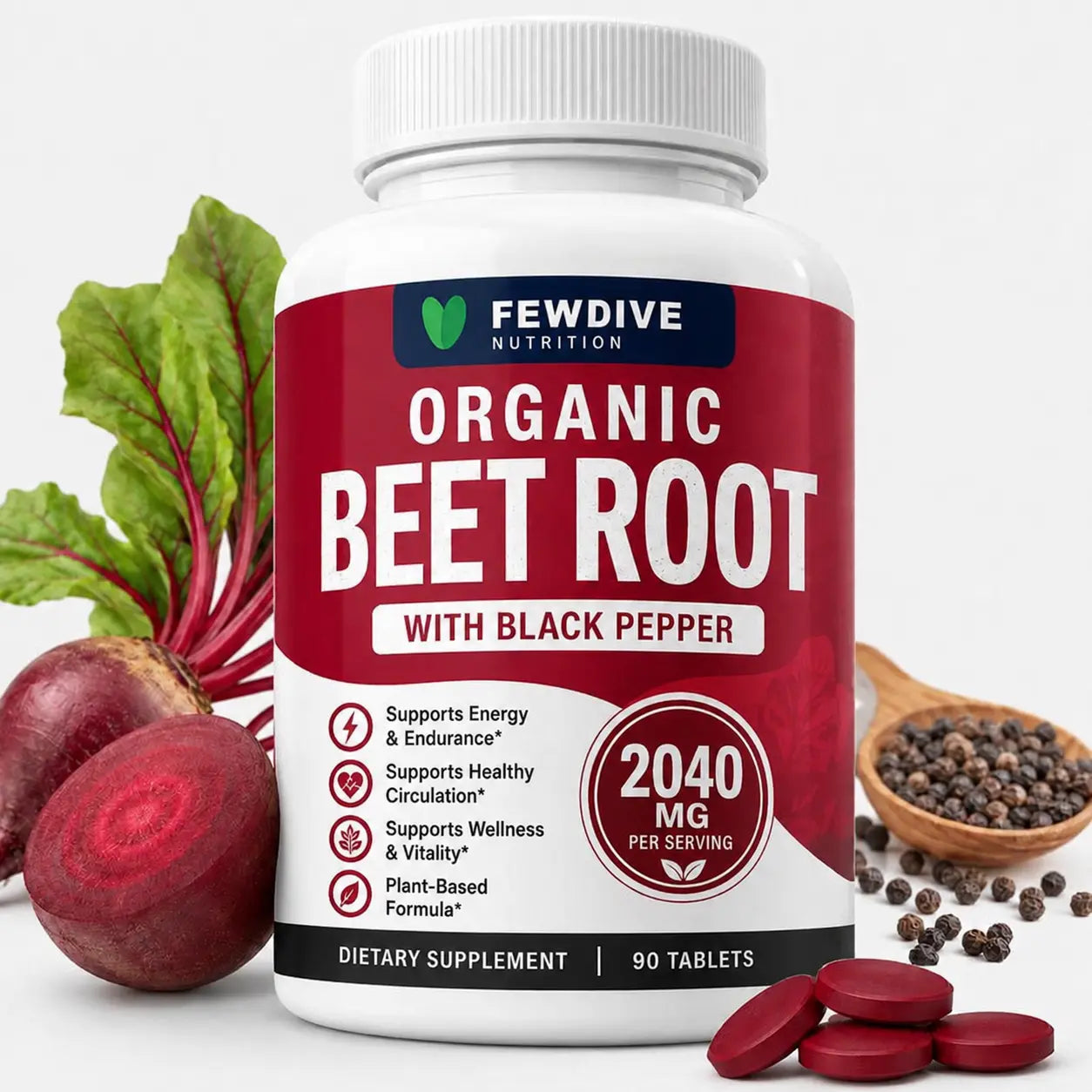 FEWDIVE Beet Root Capsules with Black Pepper, Organic Beet Root Formula, Plant-Based Daily Nutrition Support, 90 Count