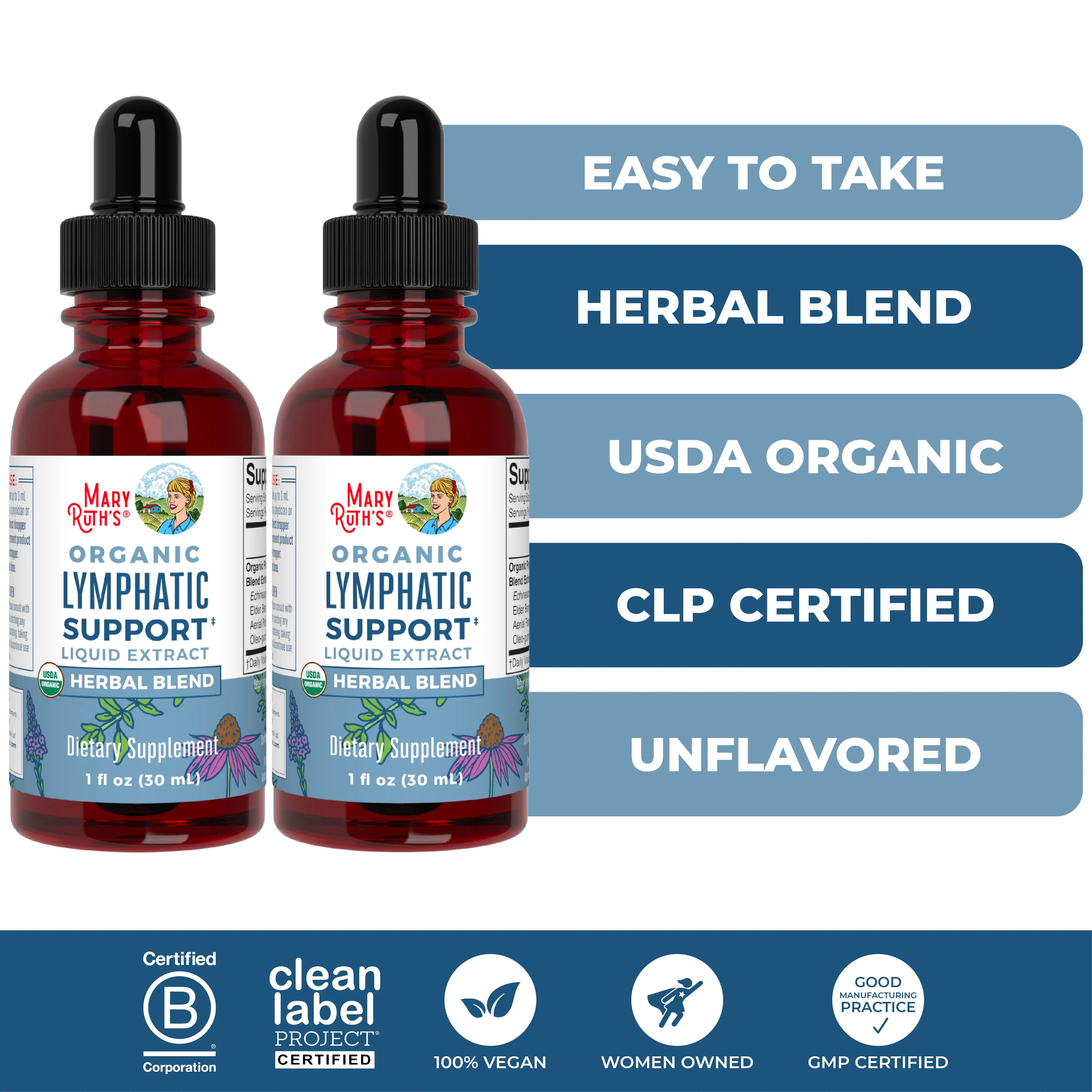 MaryRuth's Lymphatic Support Herbal Blend Liquid Drops - USDA Organic - Echinacea & Elderberry - Blue Vervain - Vegan - 30 Servings