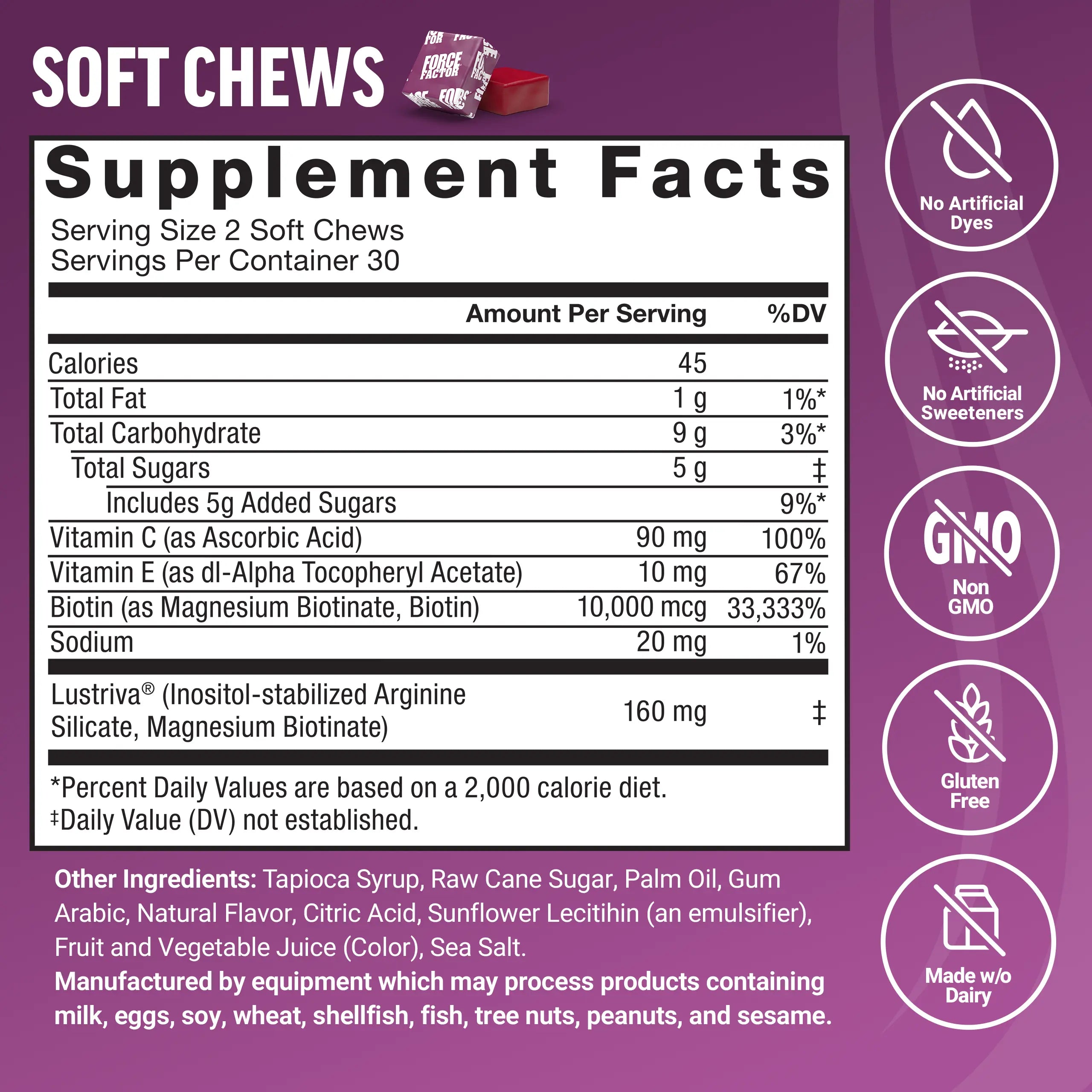Force Factor Hair Growth Accelerator with Clinically Studied Lustriva to Promote Thicker, Stronger Hair, Biotin, Vitamin E & C, Mixed Berry, Soft Chew or Capsule