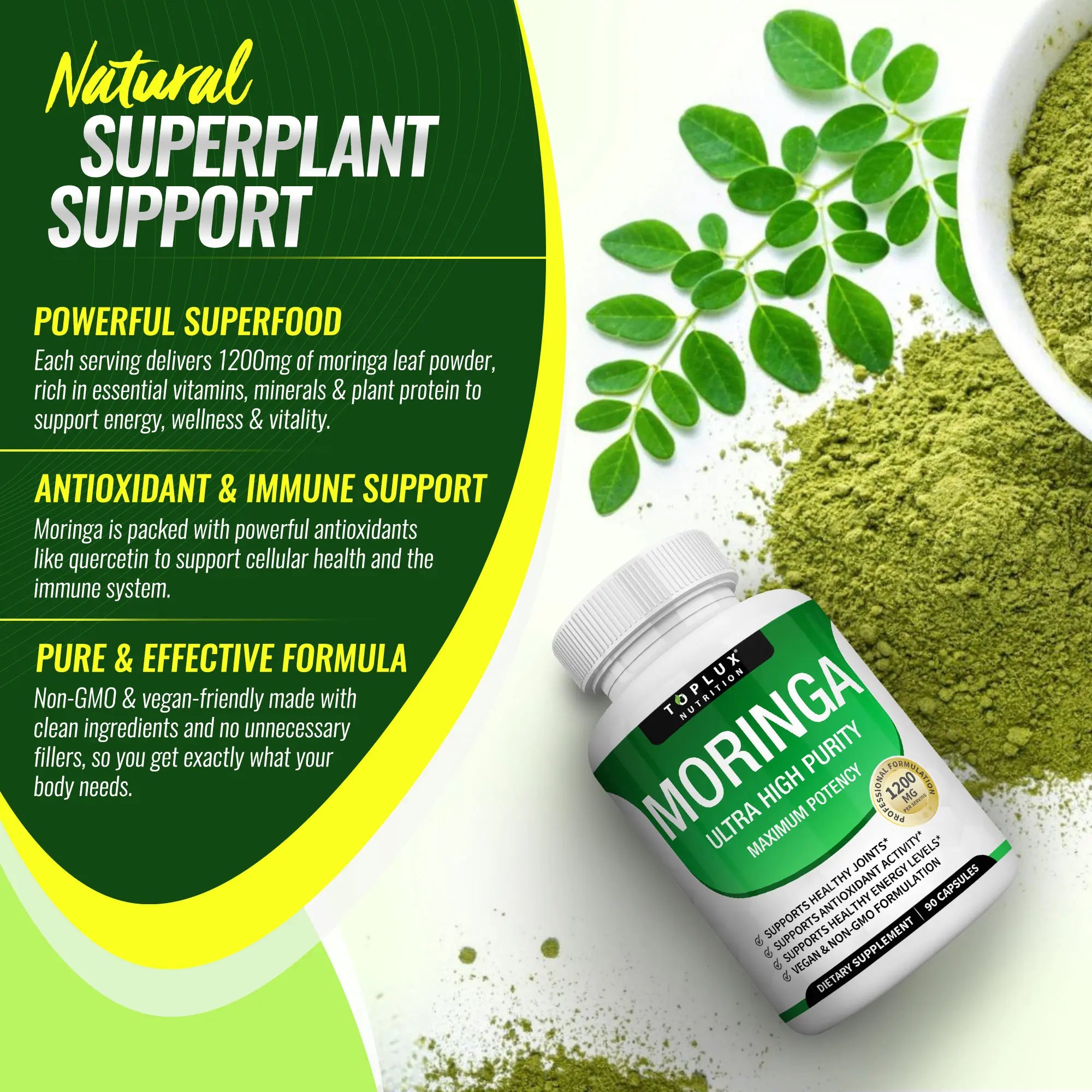 Toplux Moringa Capsules 1200mg - Pure Moringa Powder for Immune, Gut health 90 Capsules