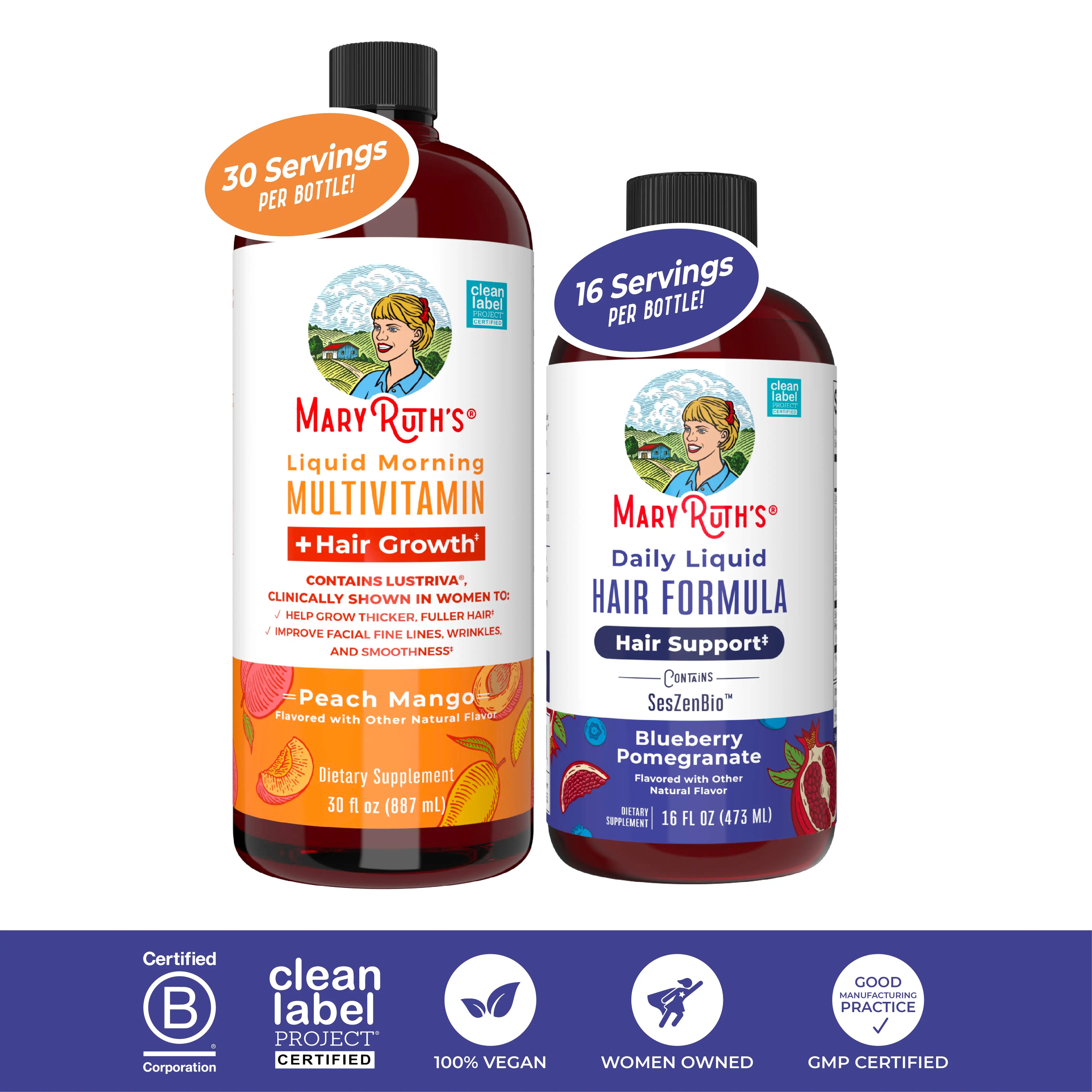 MaryRuth’s Hair Care & Wellness Bundle – Daily Liquid Hair Formula 16 oz & Liquid Morning Multivitamin + Hair Growth Peach Mango