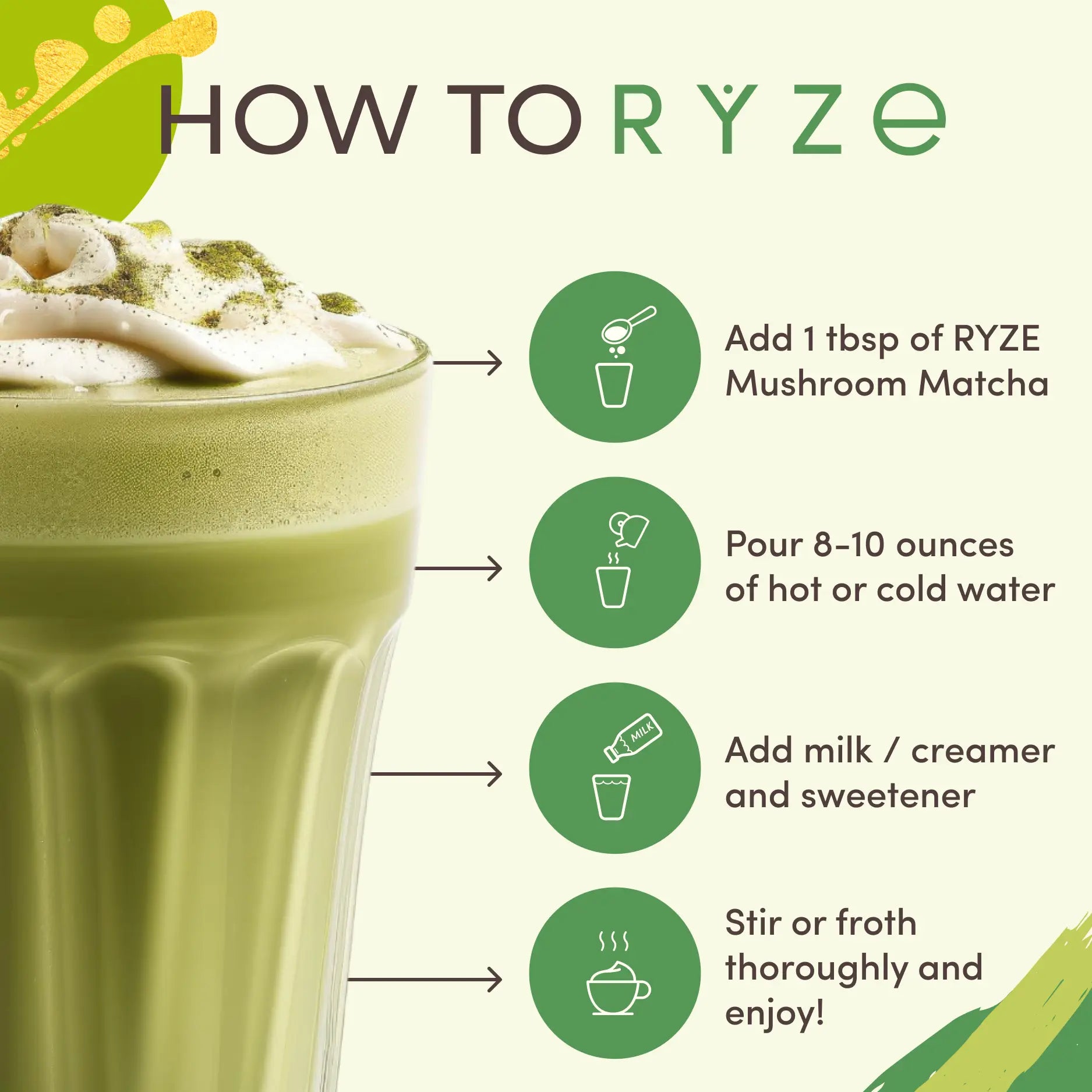 RYZE Mushroom Matcha, USDA Organic with 6 Adaptogenic Mushrooms and Ceremonial-Grade Japanese Matcha for Energy, Focus, Digestion, Immunity with Turkey Tail, Shiitake, Lion's Mane, Reishi, 30 servings