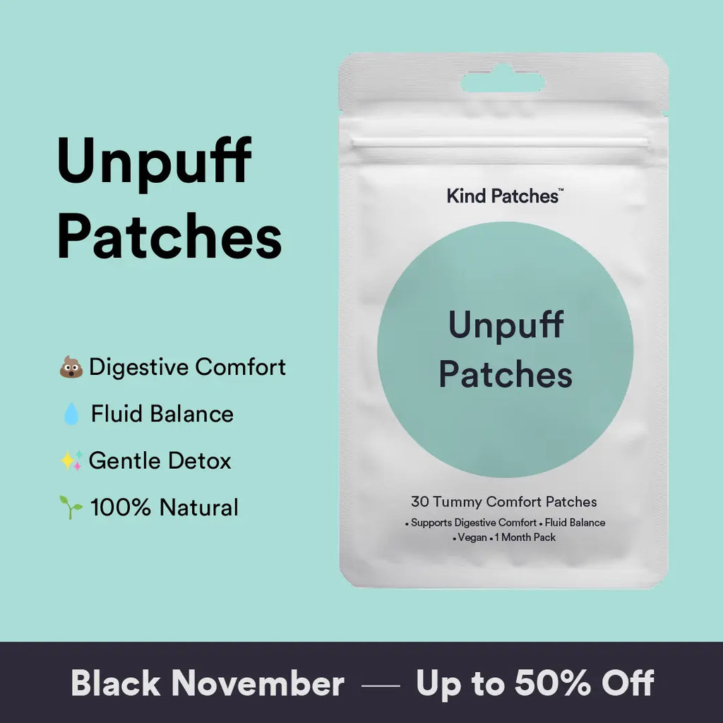 Kind Patches, Unpuff Patches, 30 Tummy Comfort Patches: Support Digestive Comfort, Fluid Balance, Vegan, 1 Month Pack
