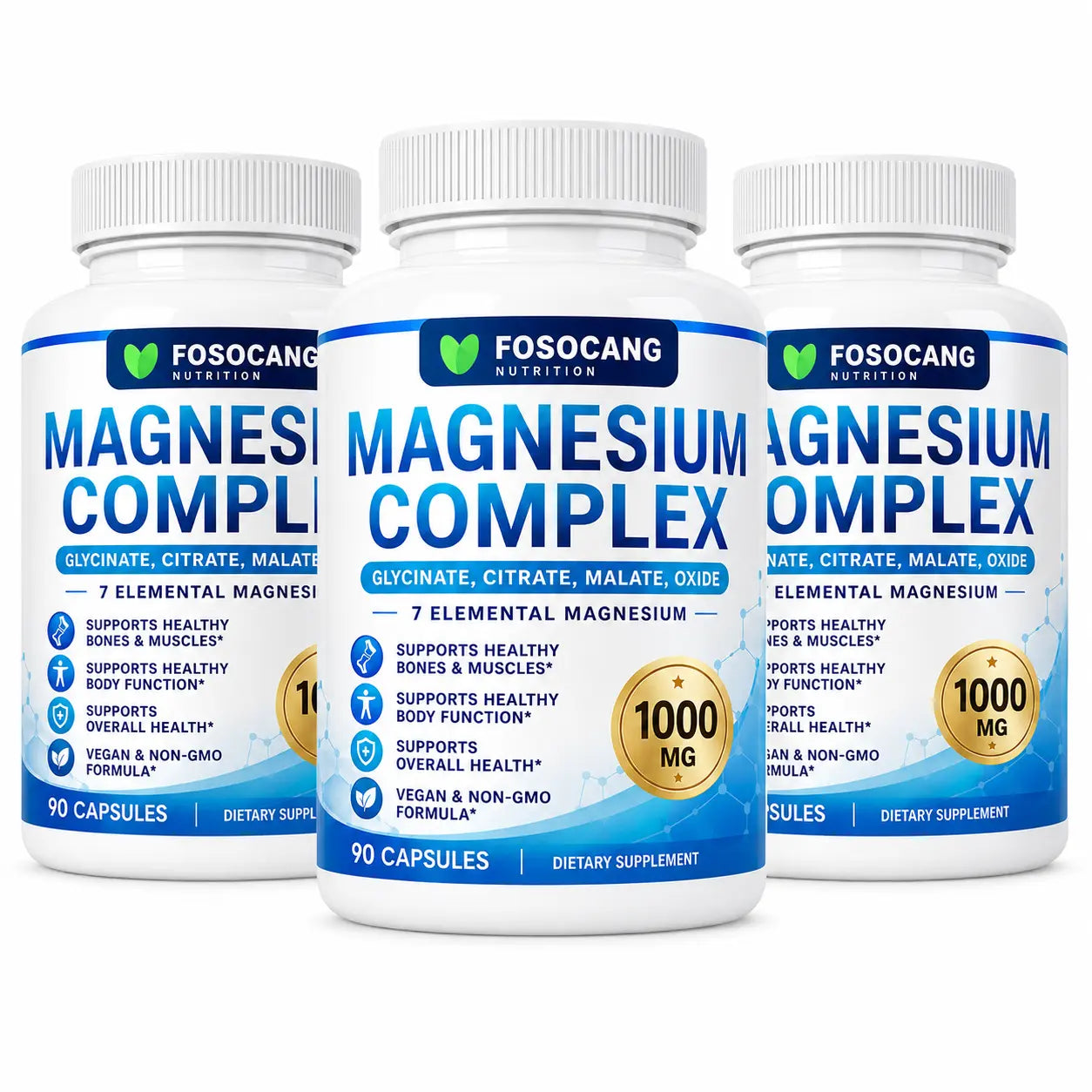 FoSoCang 1000mg 7-Elemental Dietary Magnesium Complex - Non-GMO Multi-Mineral Supplement with Calcium & Vitamin, 90 Capsules for Bone Health, Calming Support & Fitness